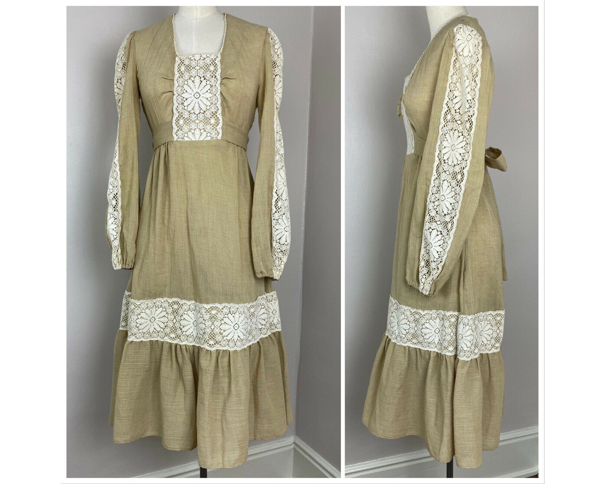 Vintage 1970s Prairie Midi Dress, Tan Gauze on sale & Floral Lace, PBJ by Jerell, Small