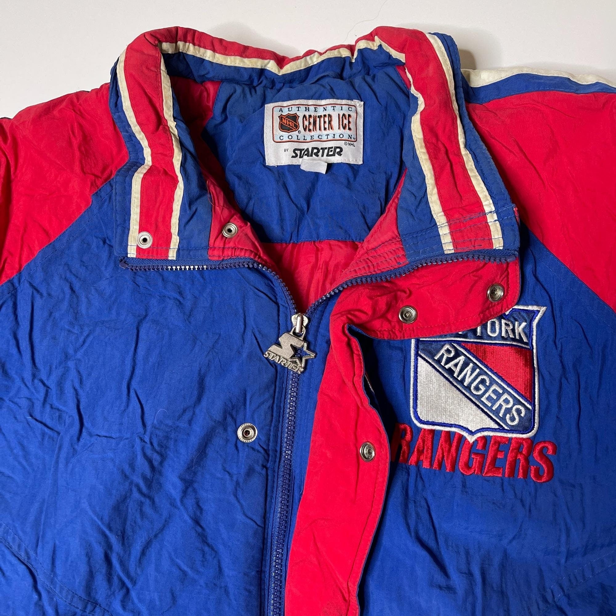 New York Rangers, NHL One of A Kind Vintage Starter Bomber Jacket with Three Crystal Star Design
