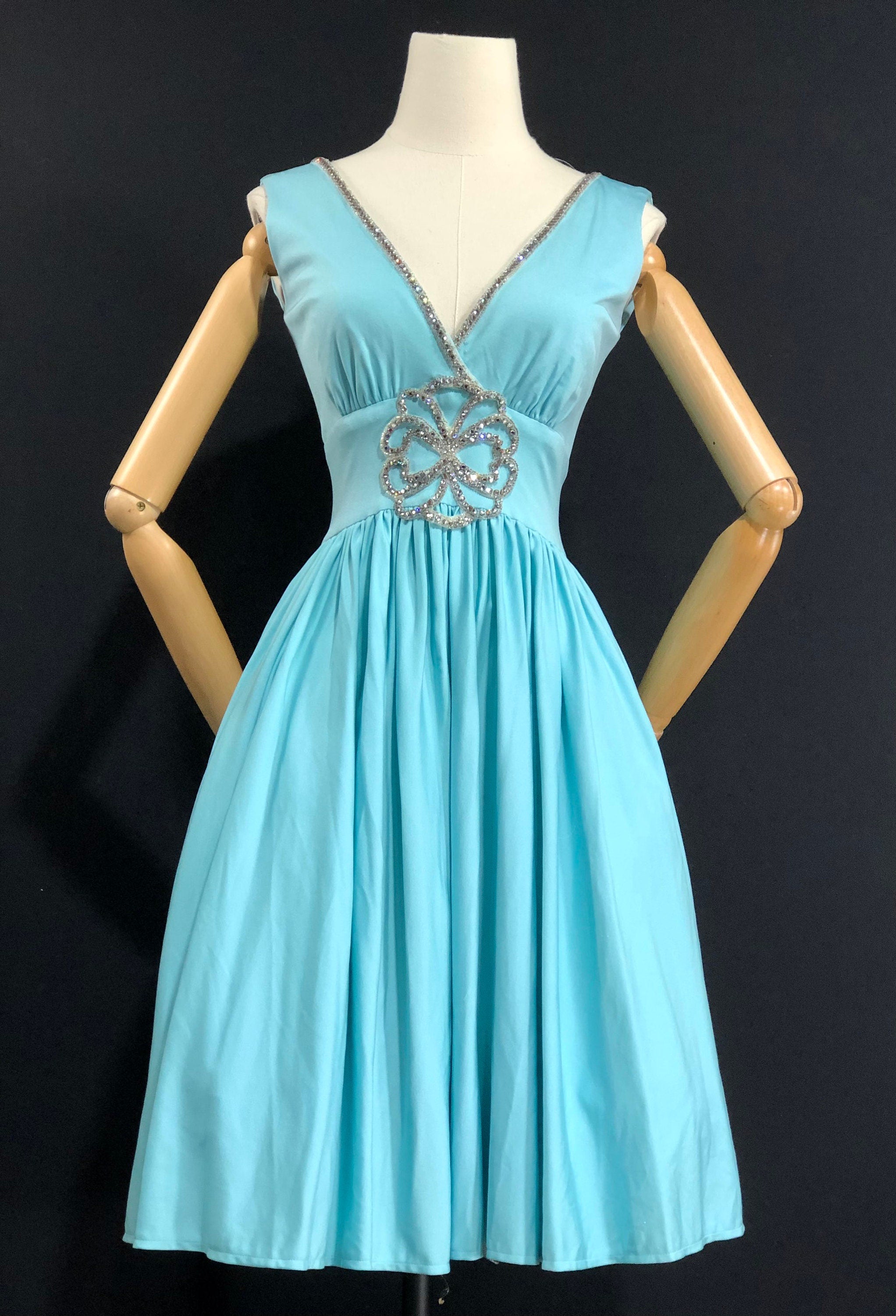 60s Cocktail Dress Vintage Blue Jersey Knit Party Evening Dress Rhines