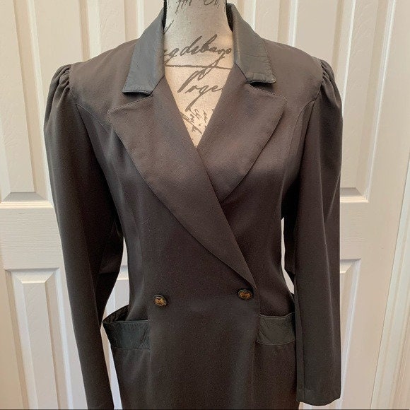 Vintage Women’s Gray Coat Dress with Leather Trim Shop THRILLING