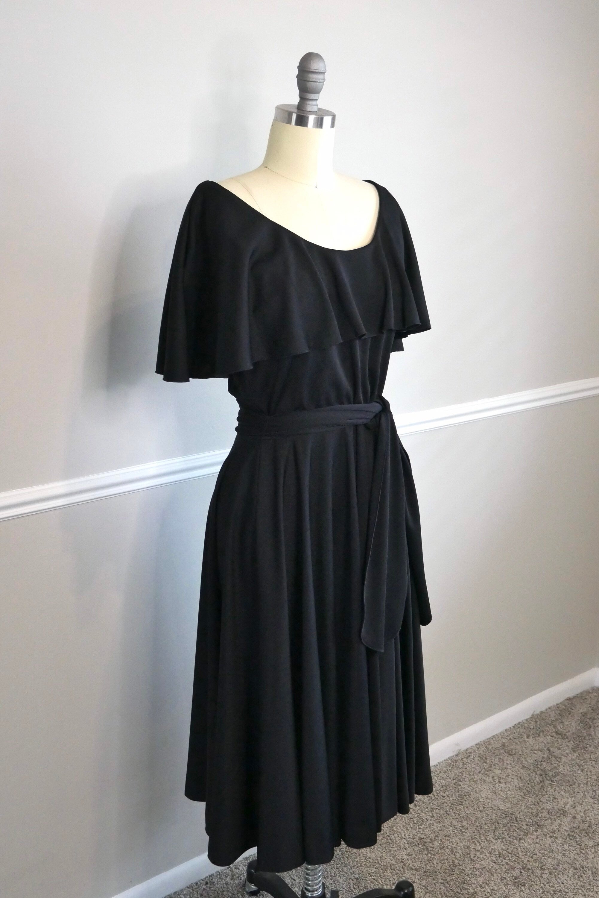Vintage 70s Black Party Dress Flutter Sleeves by Alison Ayers Shop