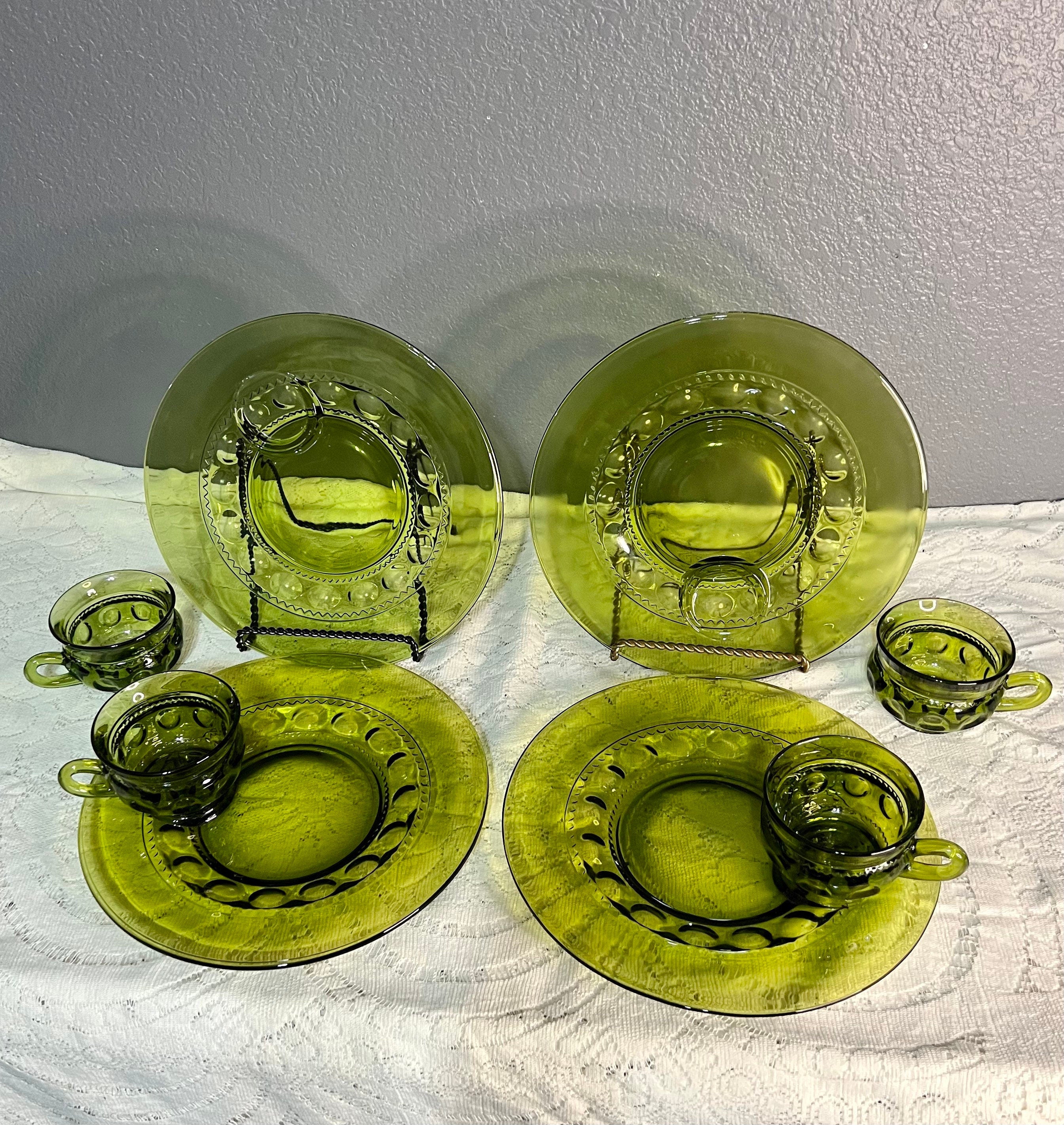 Vintage Indiana Glass Kings Crown Avocado Green Snack Hostess Set