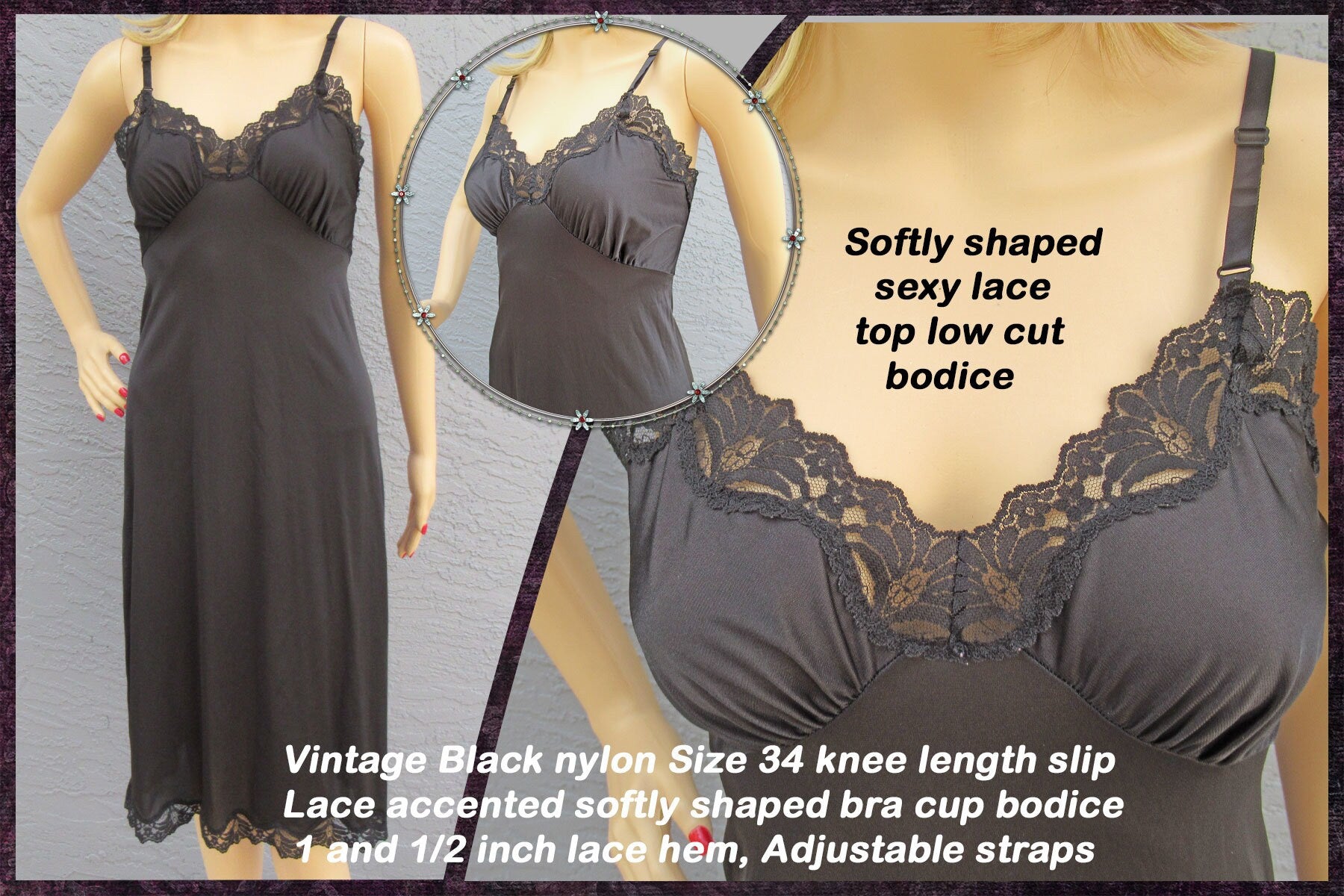 Vintage Black Nylon Slip Lace Accented Softly Shaped Bra Cup
