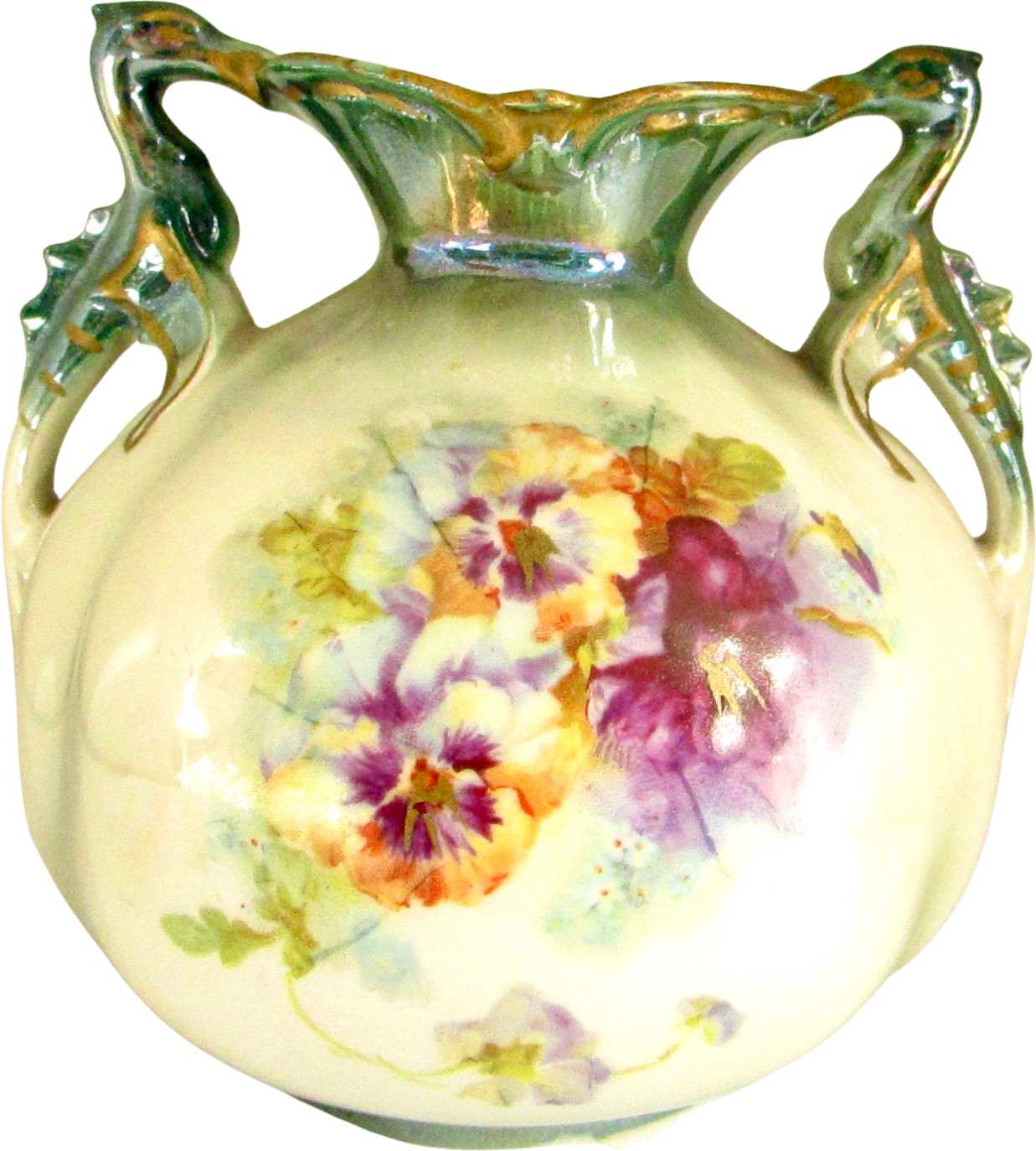 Vintage Edwardian/Victorian Lusterware Vase With Pansies And Dragon