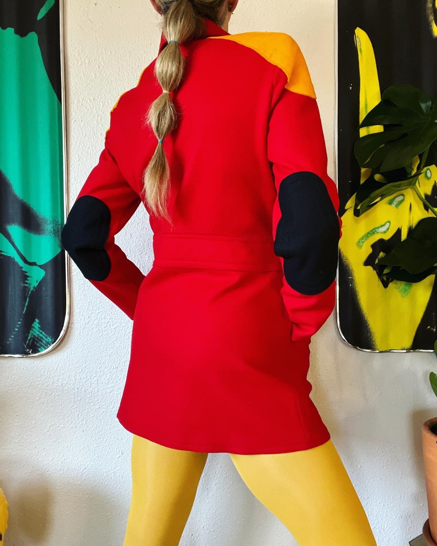 Vintage 60s Mega Mod Red Marigold and Black Dog Ear Collar Jacket by P