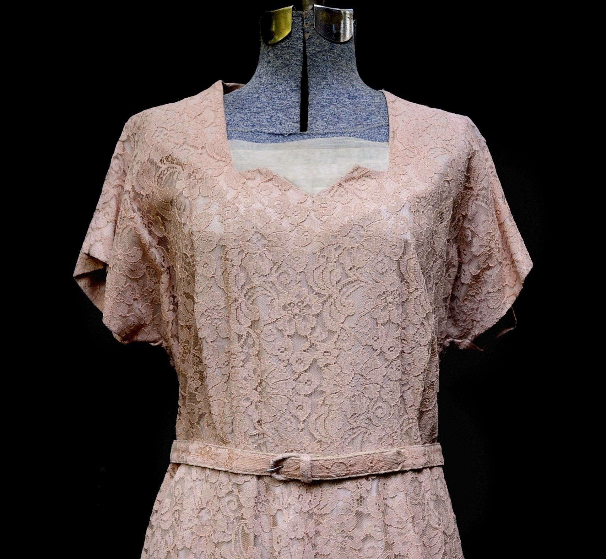 Vintage 50s 60s Nude Lace And Taffeta Fit Flare Party Prom Dress Shop Thrilling 4871