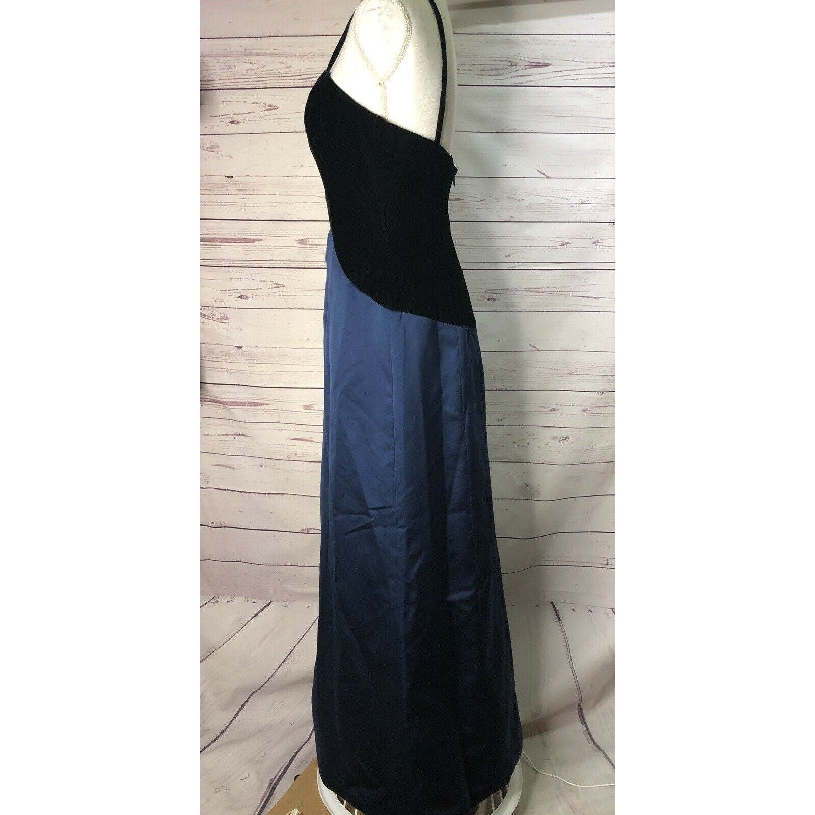 Vintage Oleg Cassini Black Tie Gown Dress Black Velvet Blue Satin