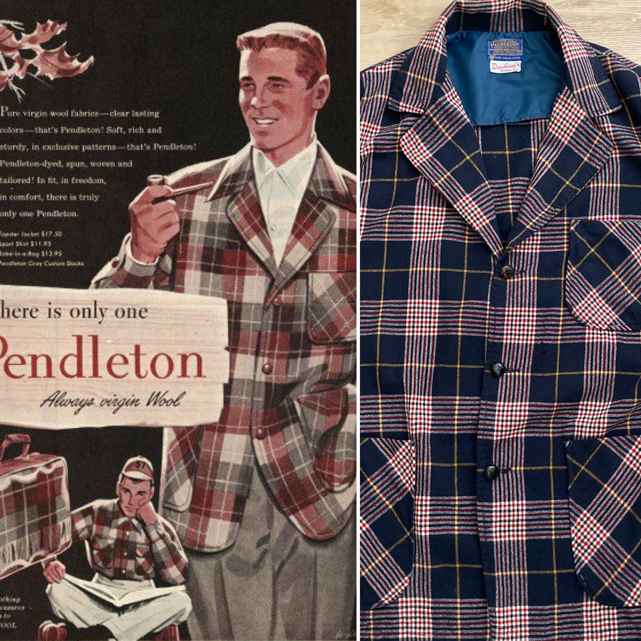 Vintage 60s Pendleton Blue Red Yellow Plaid Topster Wool Jacket 