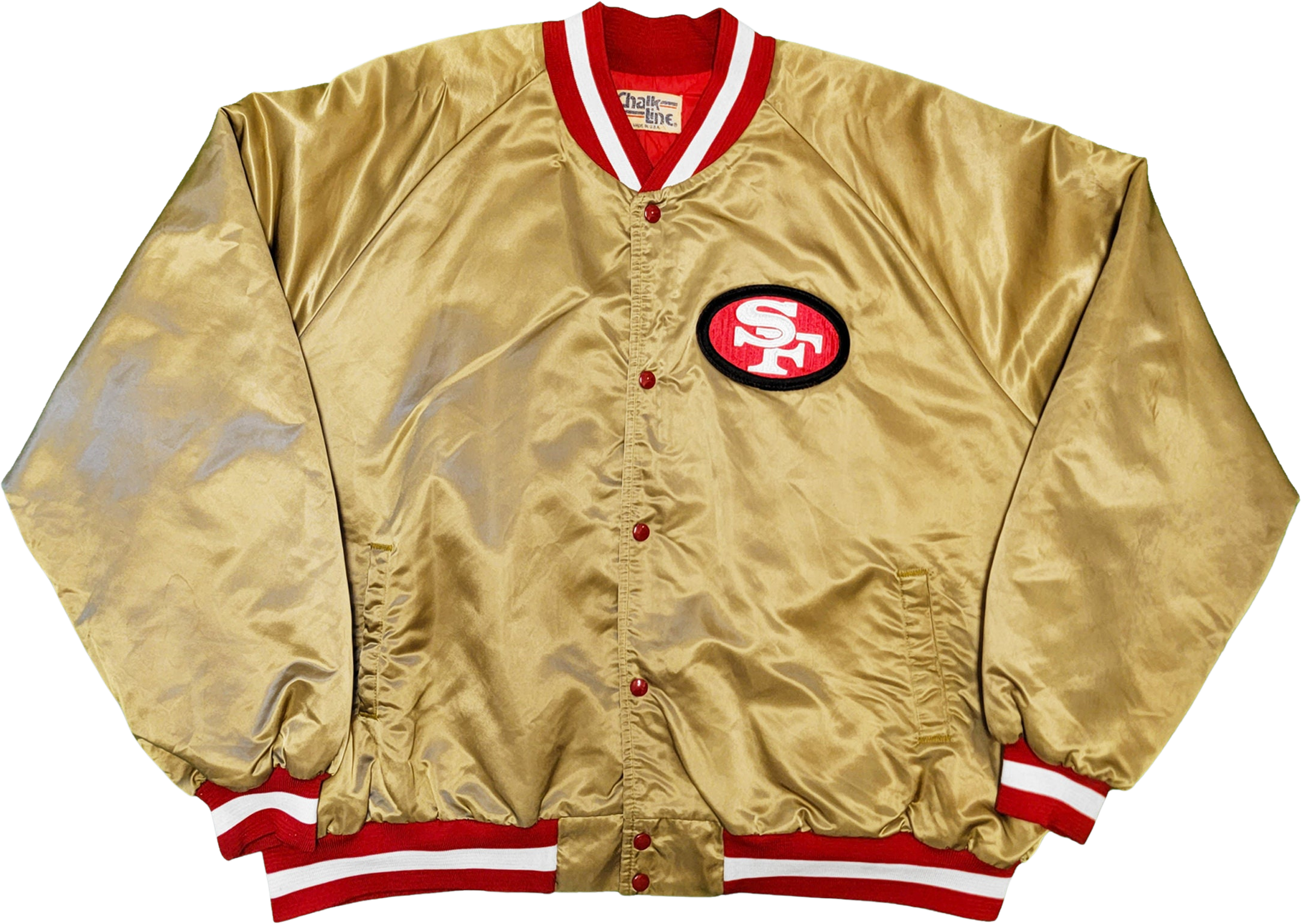 Buy the Vintage San Francisco 49ers Gold Satin Jacket XL Bomber Chalk Line