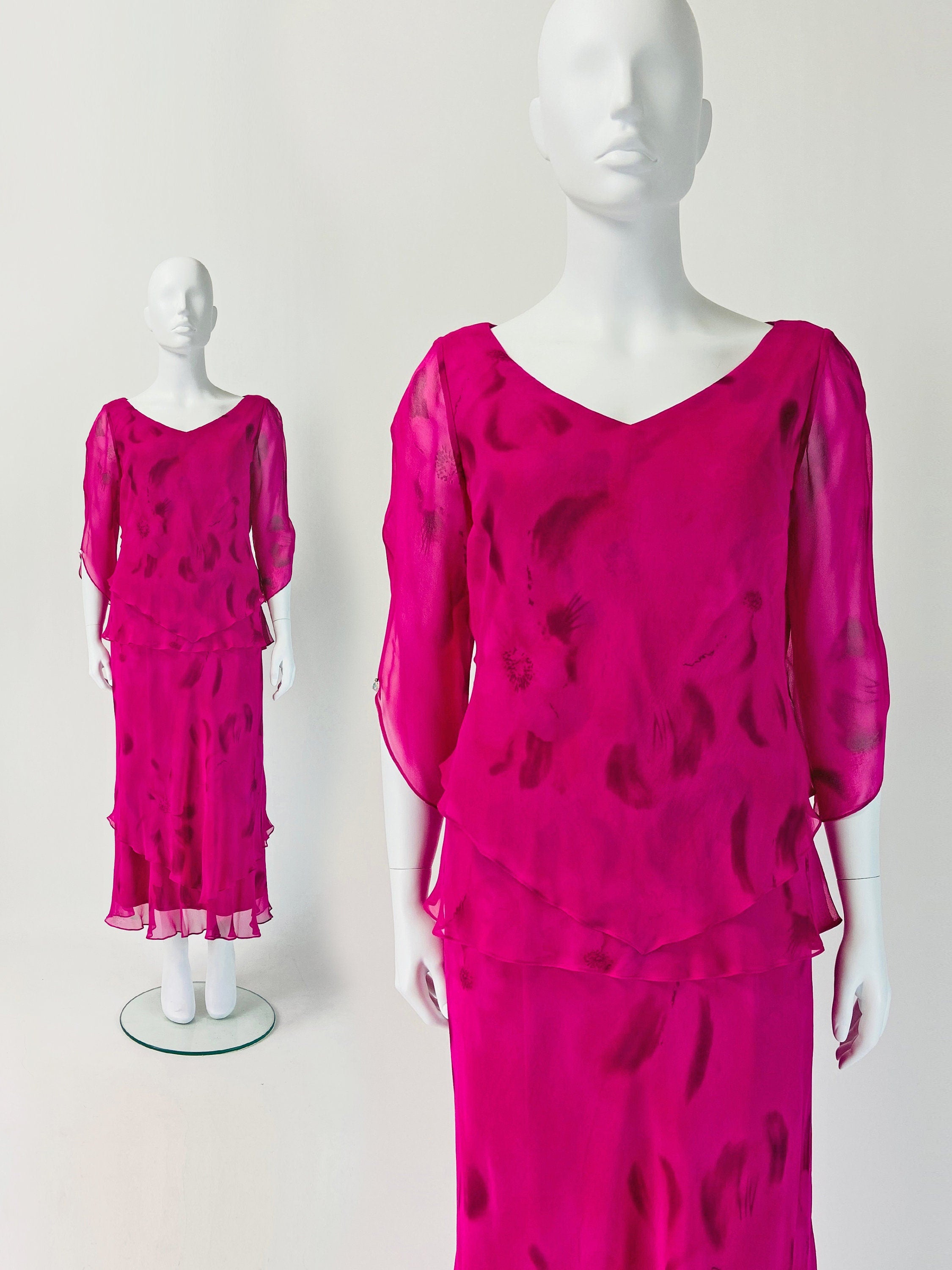 Vintage 90s Cocktail Dress Hot Pink Chiffon Ruffles W393 By Cattiva