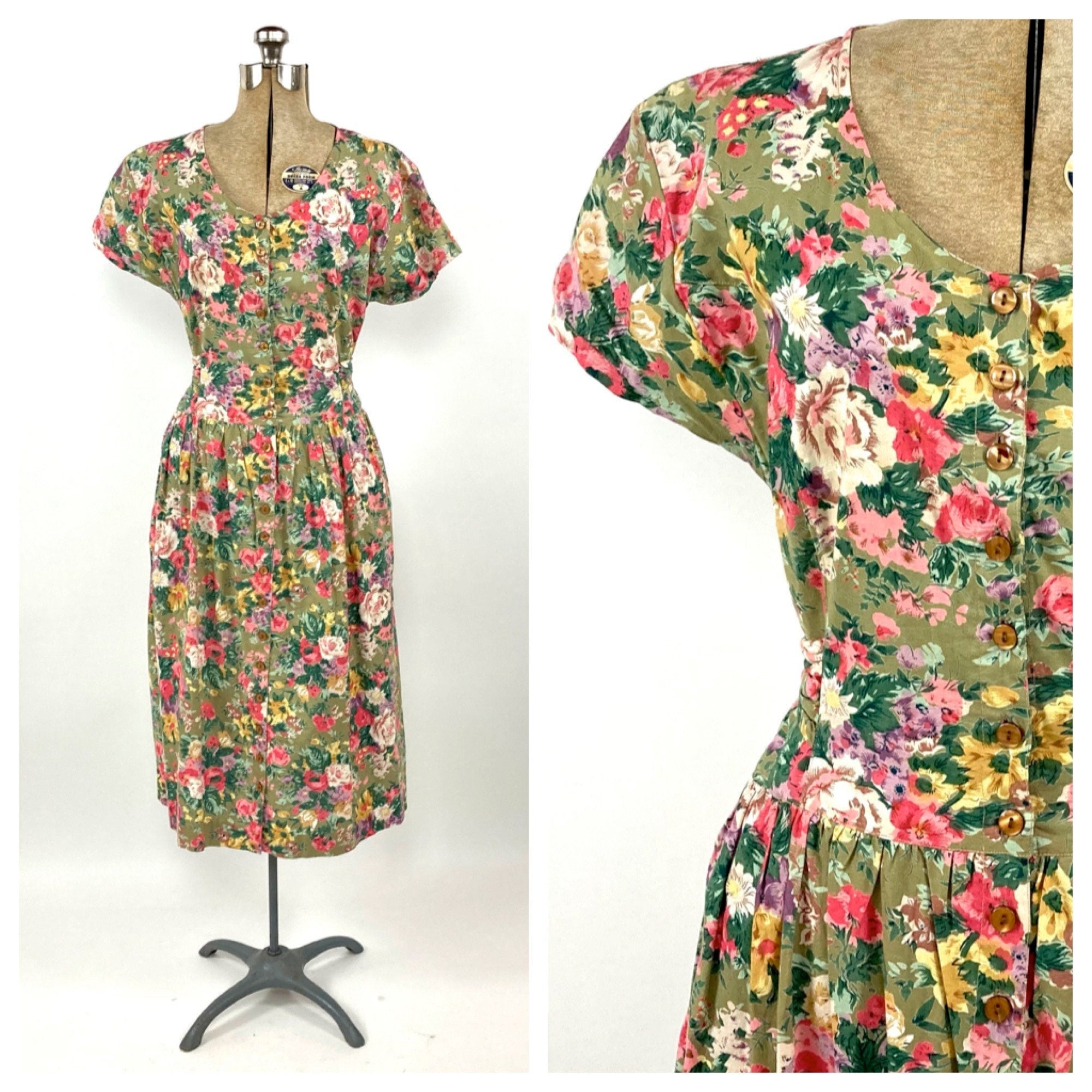 Vintage 90s Pink Floral Button Up Dress Brown Tie Waist by Erika