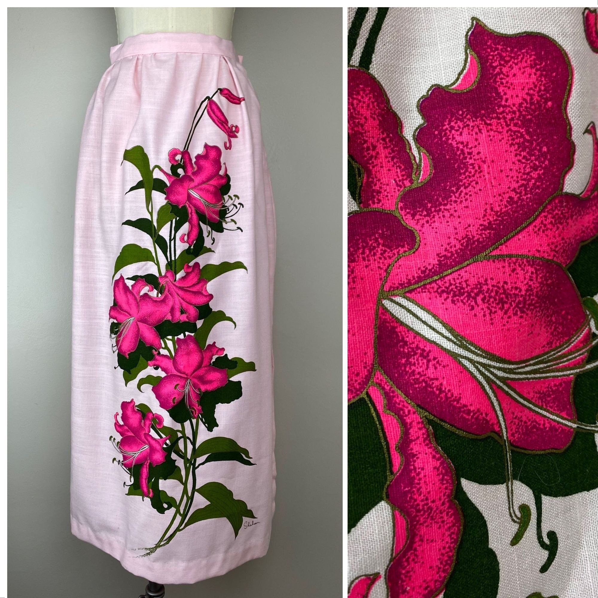 Vintage 1970s Pink Alfred Shaheen Maxi Skirt, Size Small, Hand Painted online in Hawaii