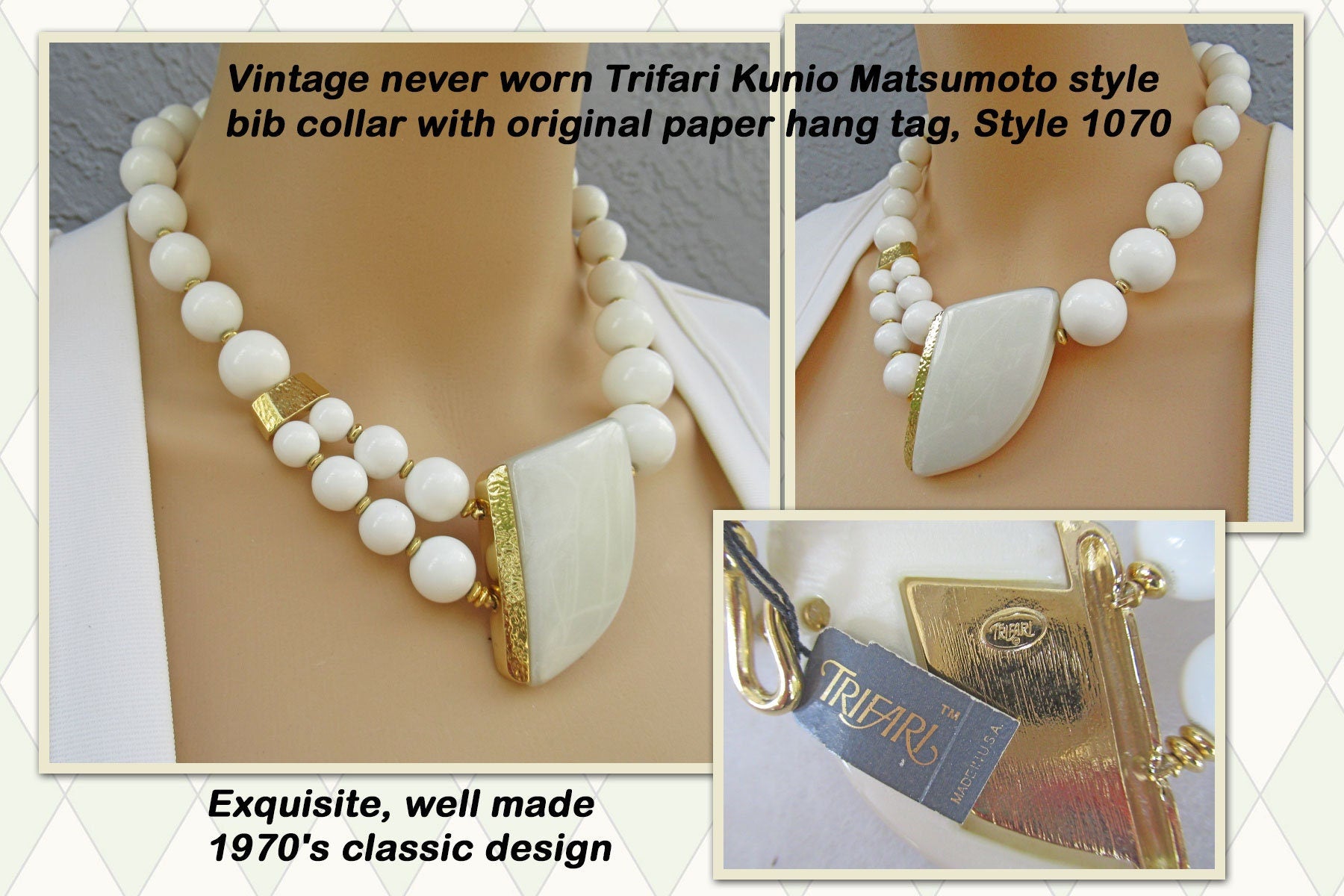 Trifari Kunio Matsumoto style necklace, Bib collar, 1970's paper tag, Style newest 1070