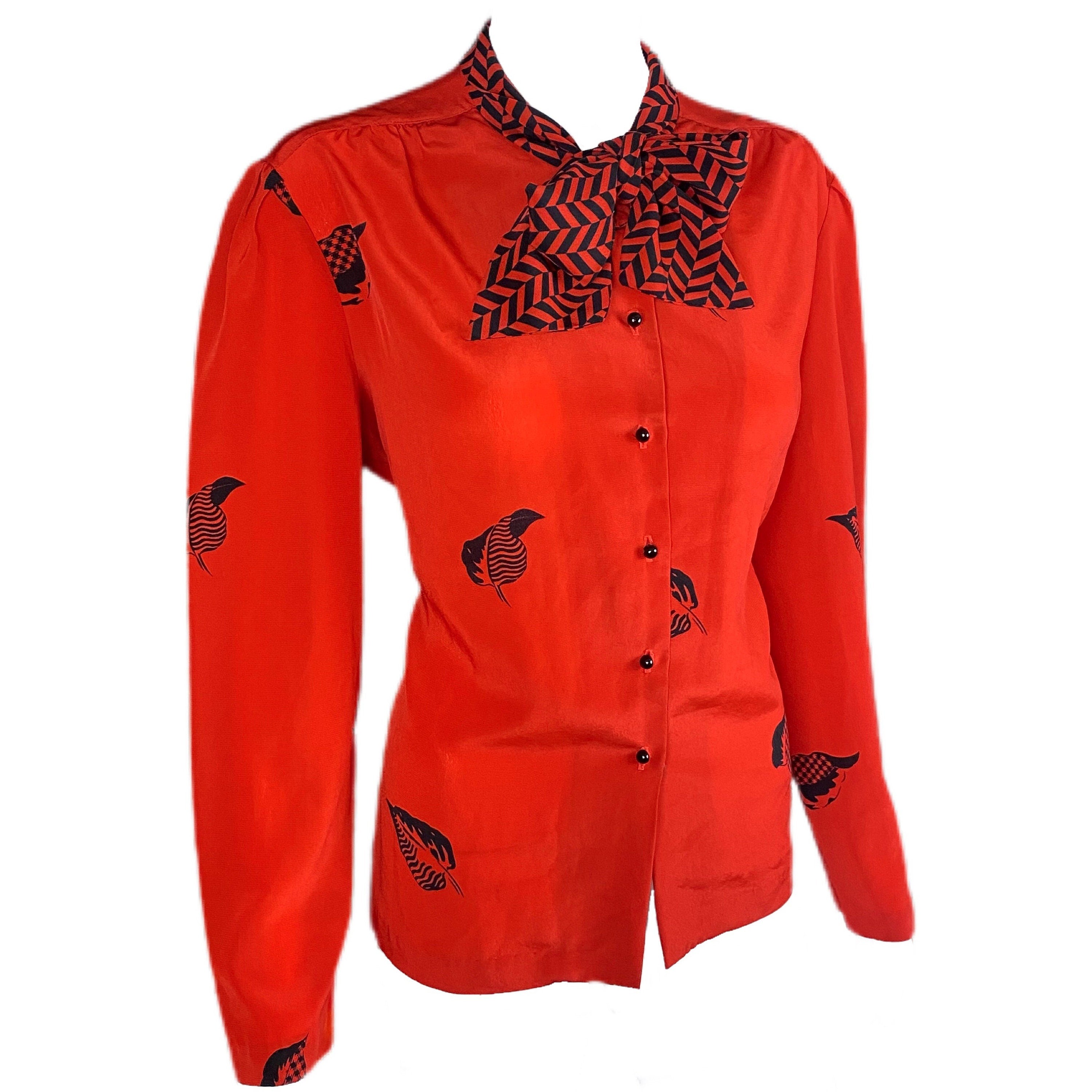 Vintage Red and Black Bow Tie Blouse with Leaf Pattern by The Wilroy T
