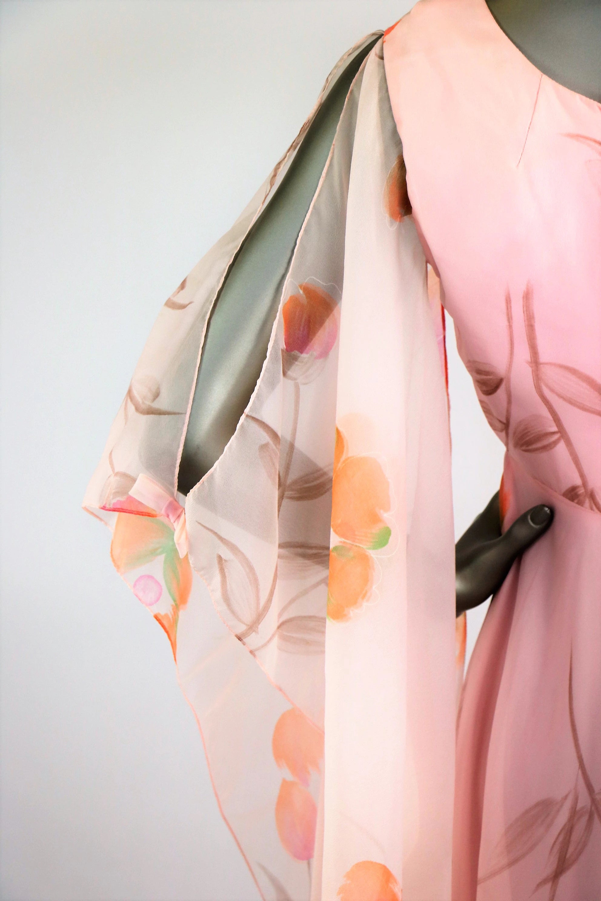 Vintage 70s Baby Pink Floral Print Maxi Dress with Extreme Angel ...