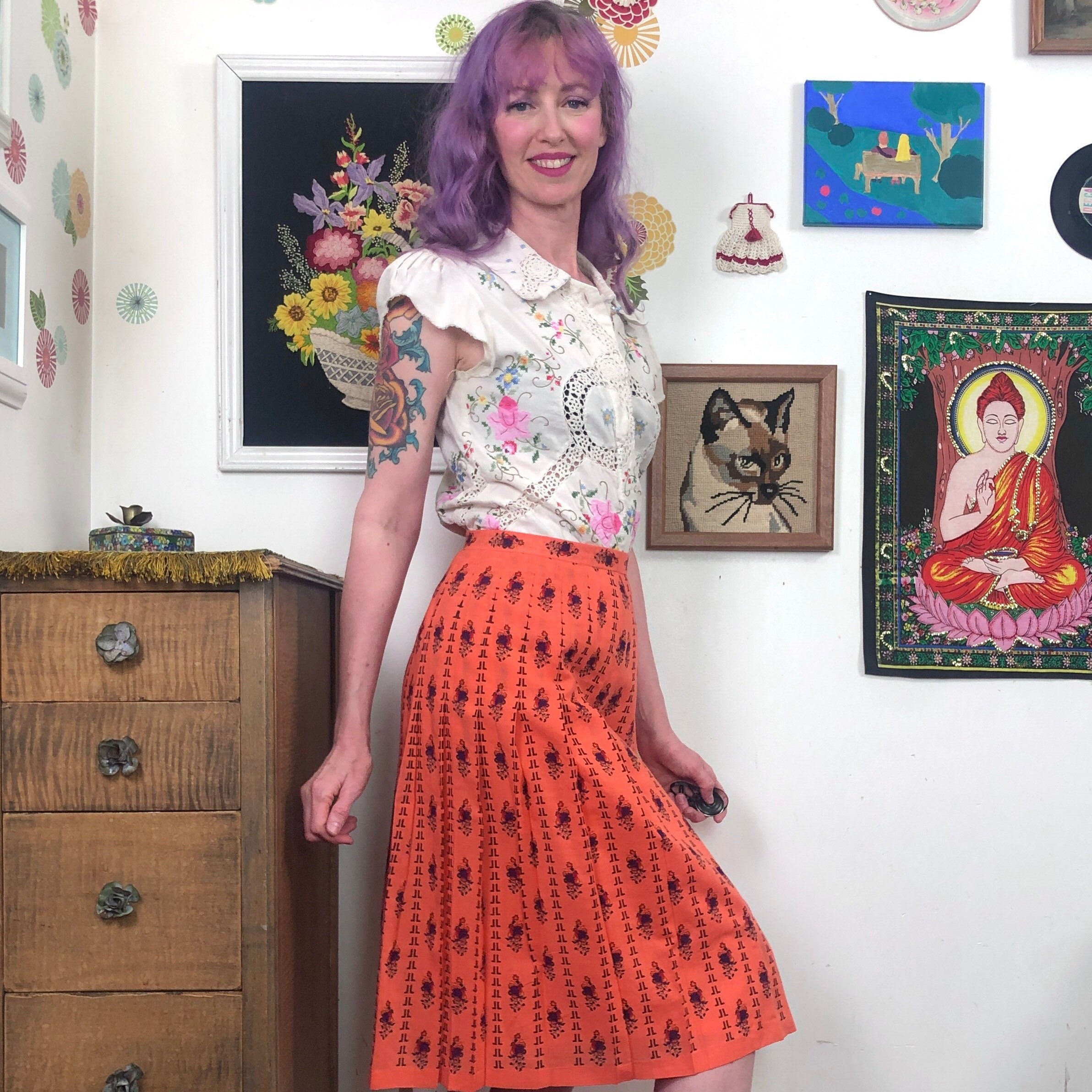 Orange Pleated Skirt with Border Prints - Plus