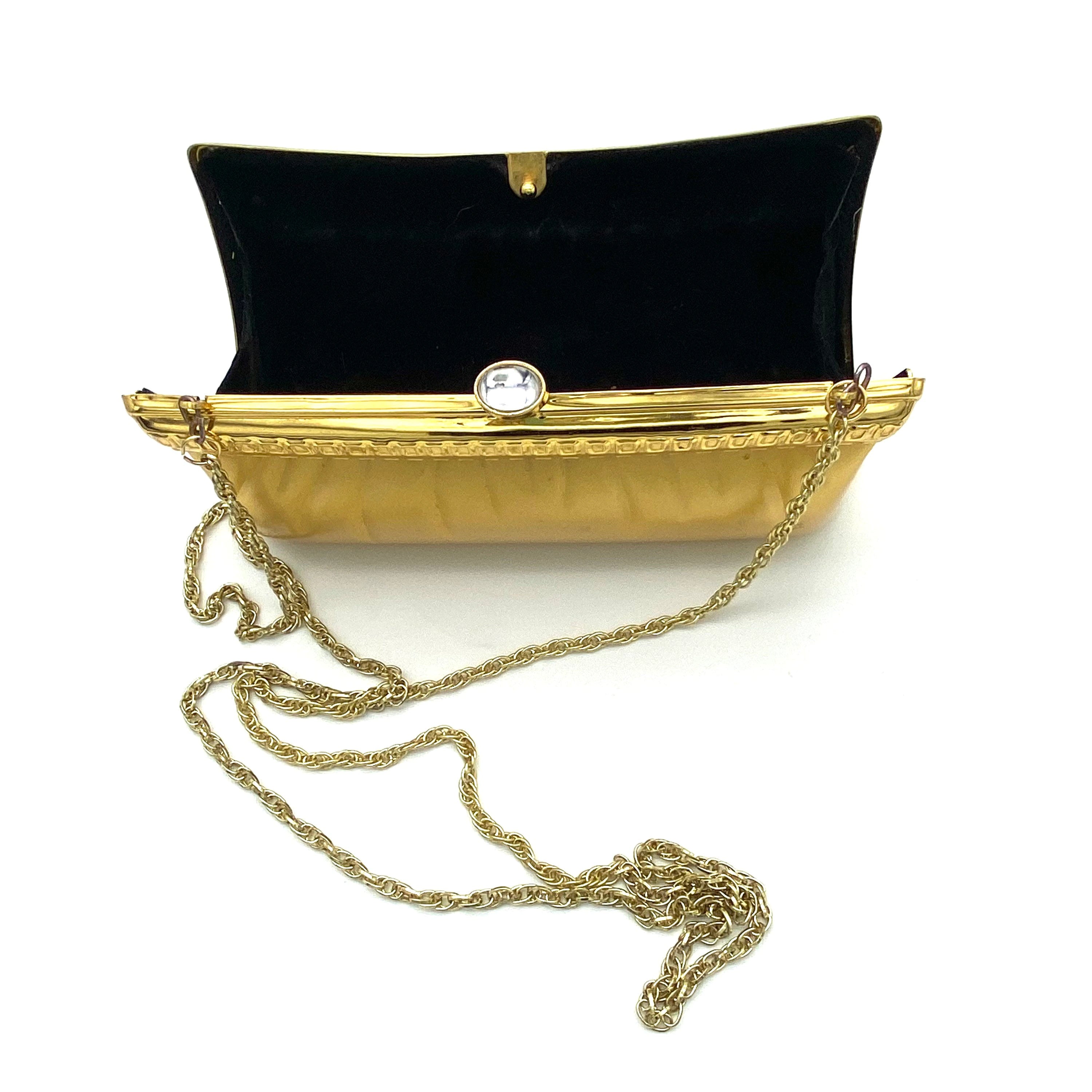 La Regale Clutch Purse Hard Case Shiny Evening Bag Gold Chain Strap