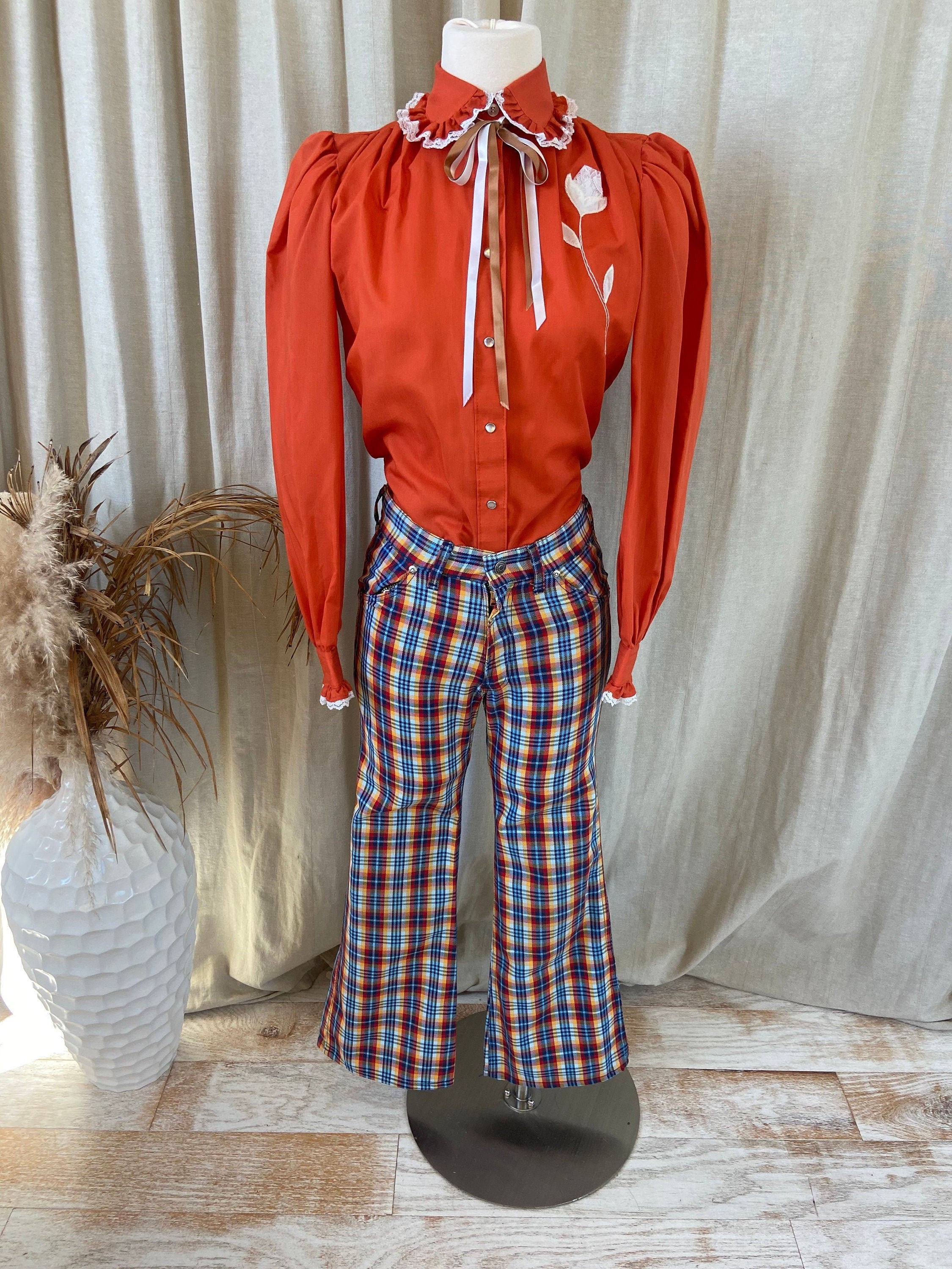 70s High Waist Plaid Bell Bottom Pants