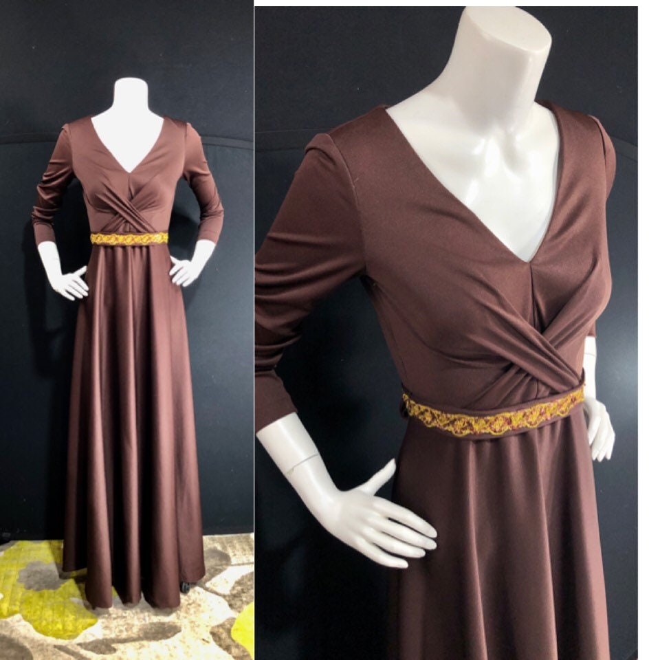 Vintage 70s Chocolate Brown Jersey Knit Maxi Evening Dress Shop THRILLING
