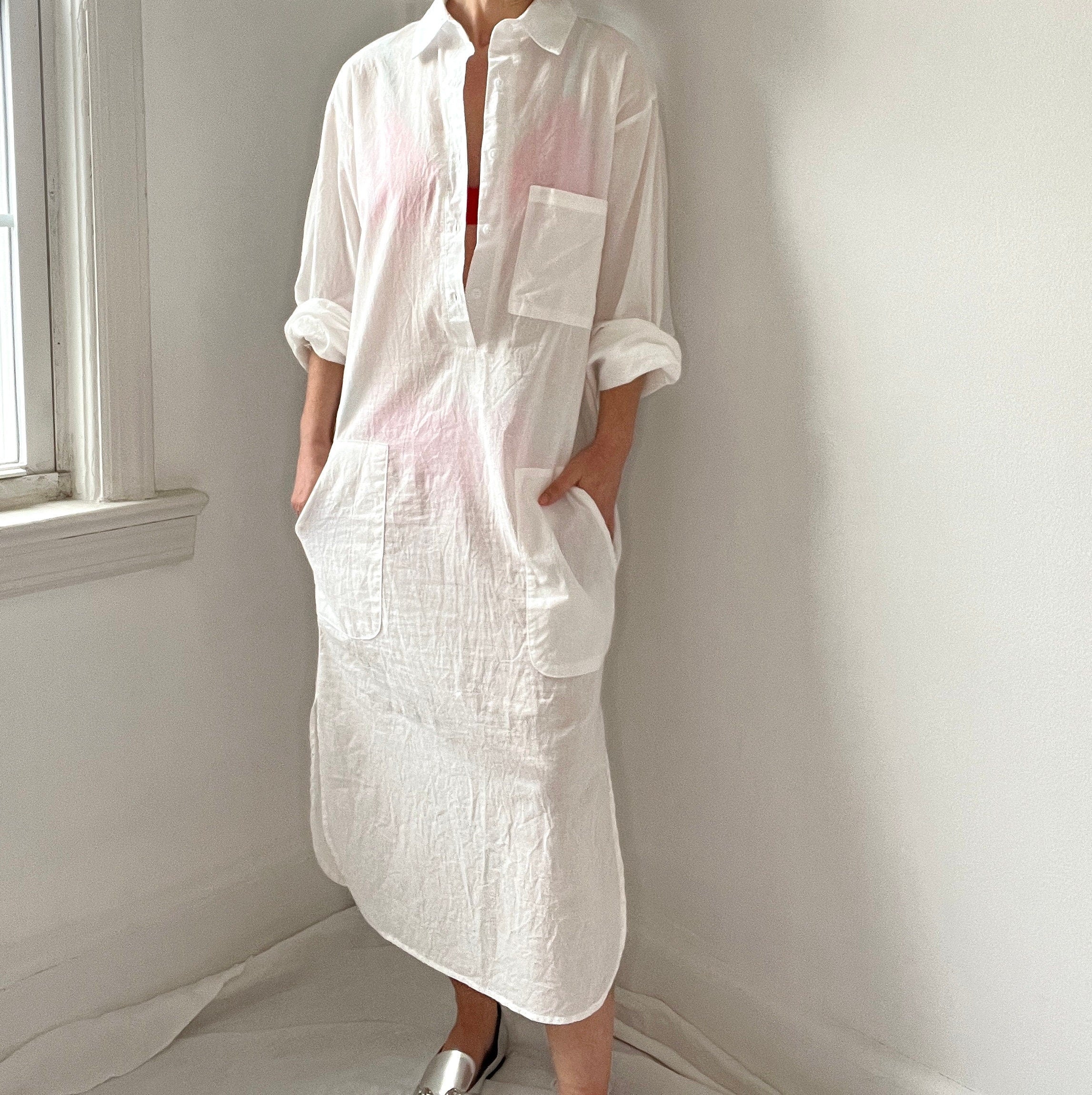 Vintage White Beach Cover Up Shirt Dress with Pockets Shop THRILLING