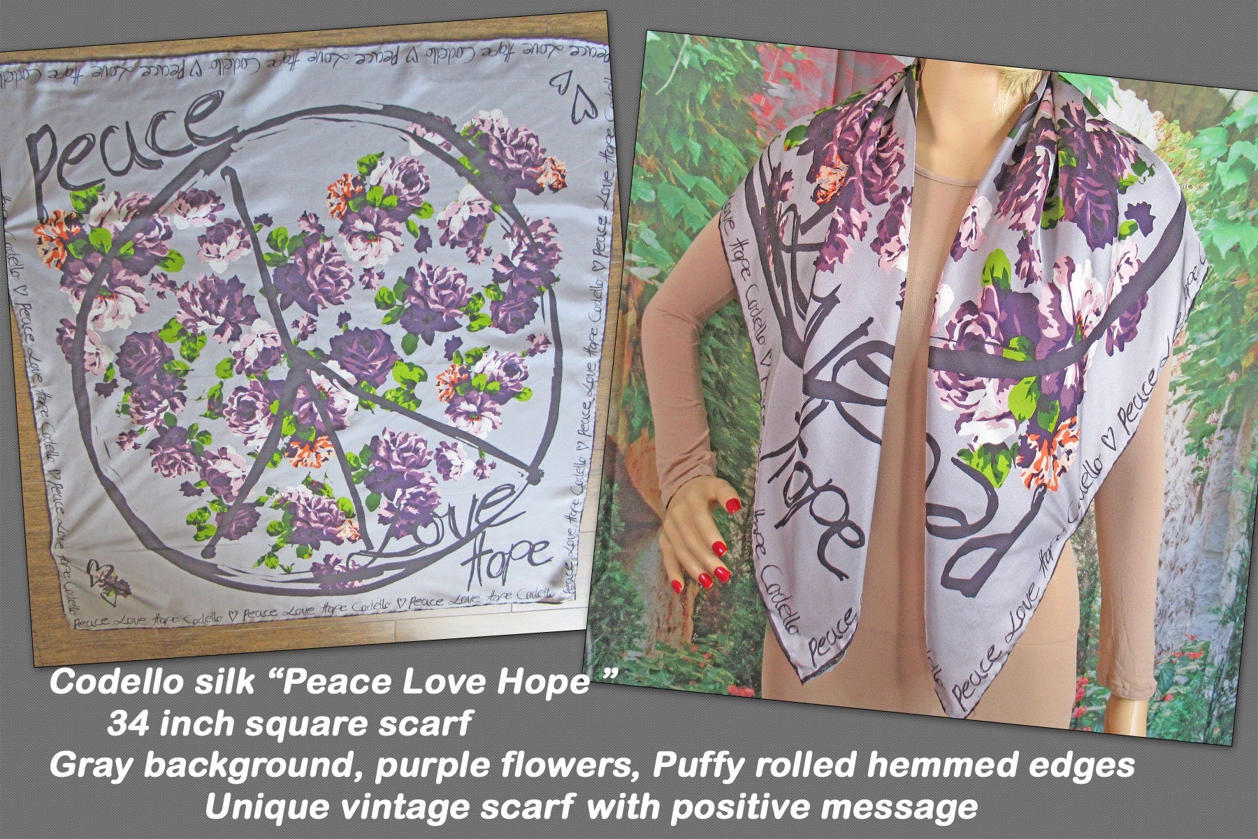 Vintage Square Scarf Codello Peace Love Hope Silk Gray with Purple Flowers  Rol | Shop THRILLING