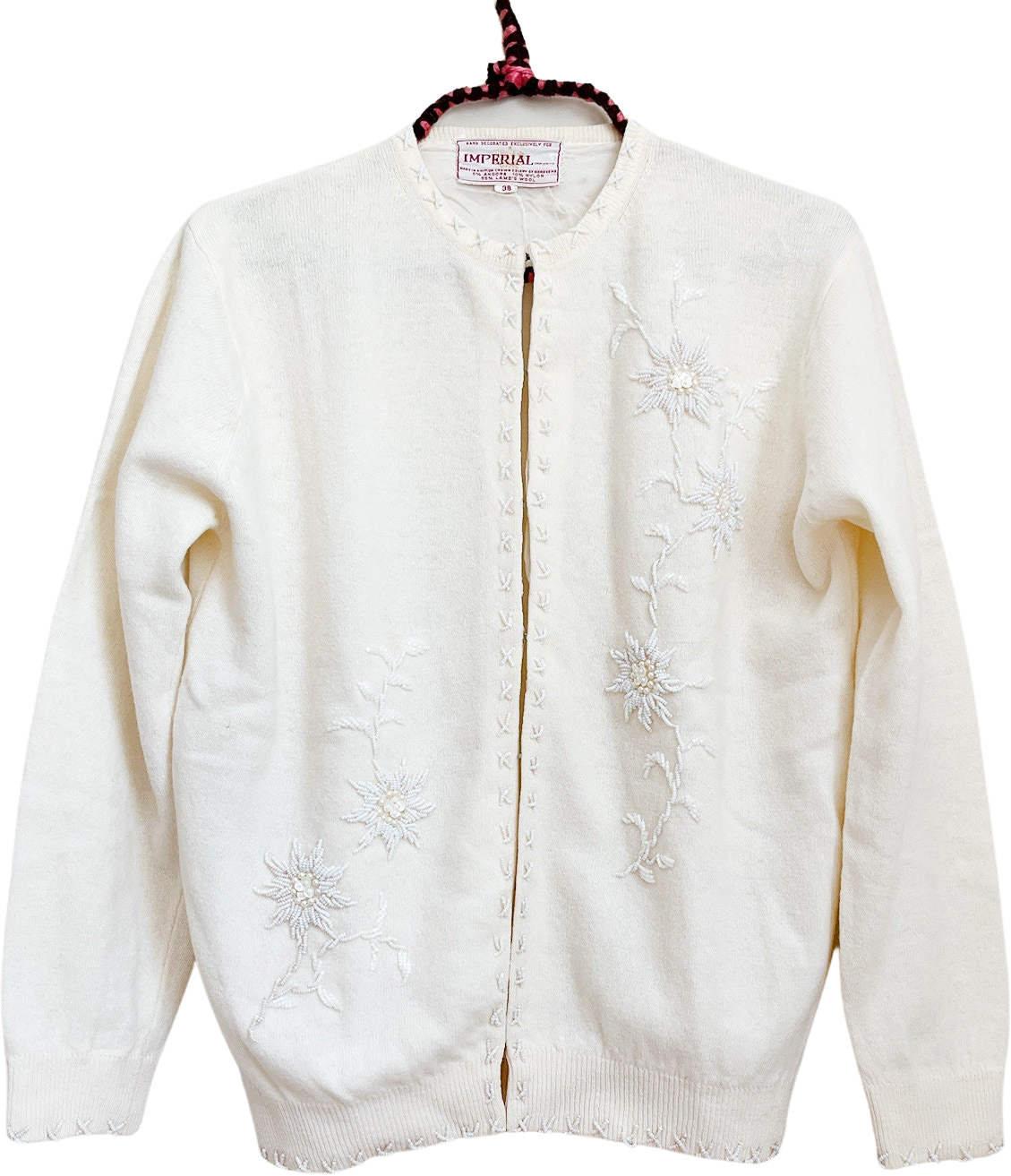 Embroidered and Beaded Lambswool 50s Cardigan Sweater Imperial Imports  Sweaterwith Floral Design 50s Hong Kong by Imperial Imports