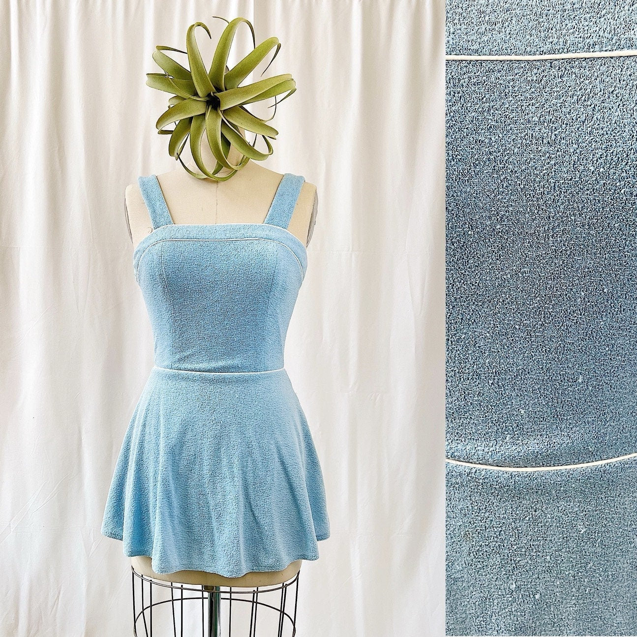 Vintage 70s Tennis Whites Terry Cloth Dress In Blue with White Piping ...