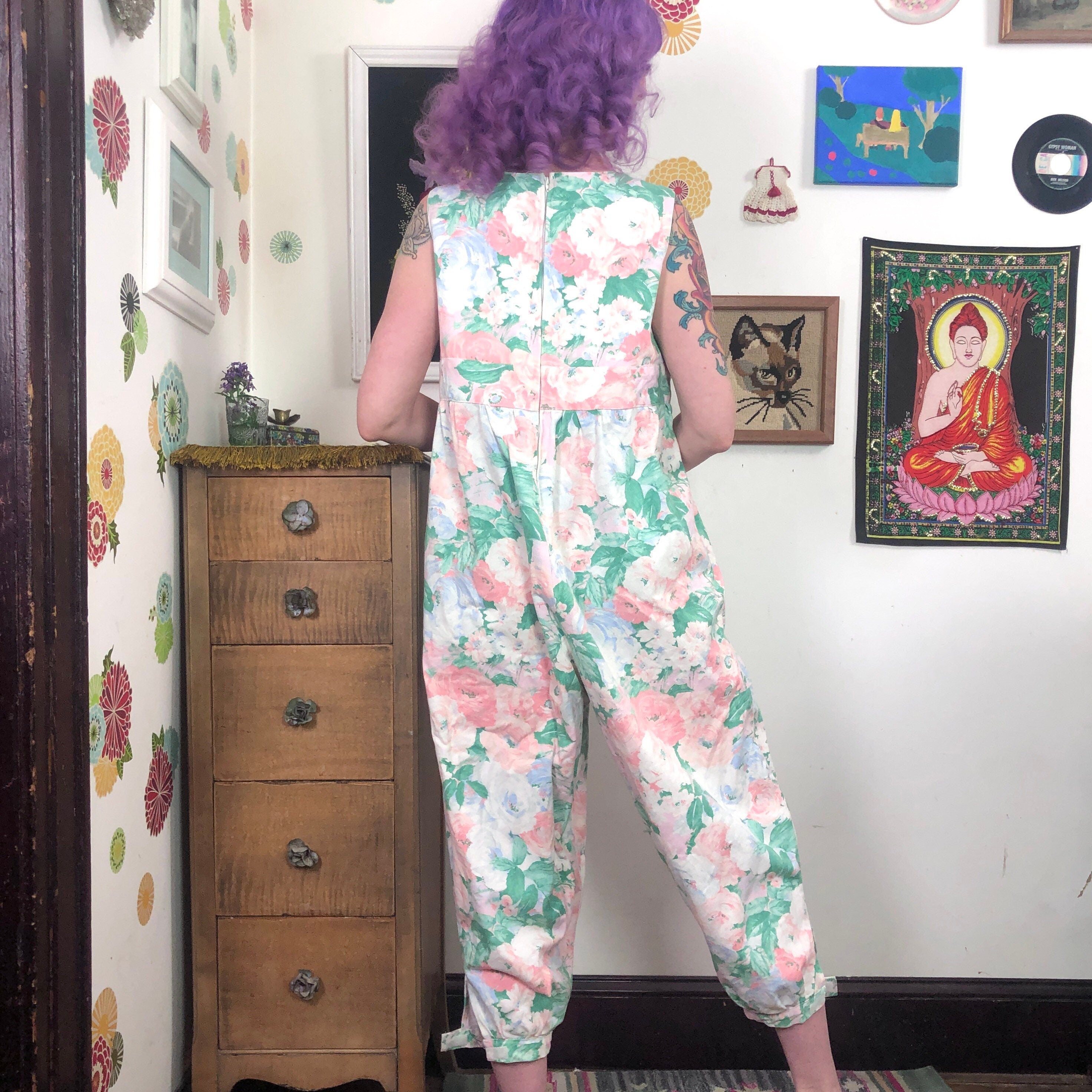 Vintage Pink Floral Denim Jumpsuit 90s Handmade Overall Style Jumpsuit Shop THRILLING