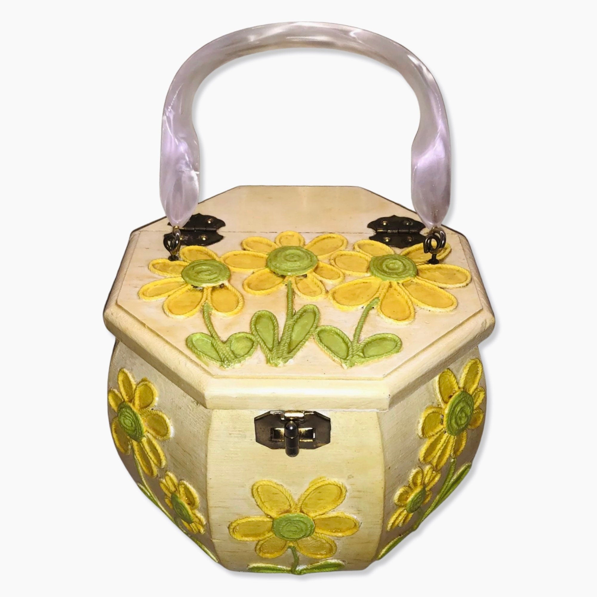 Outlet 60s Daisy Flower Leather Handle Box Bag