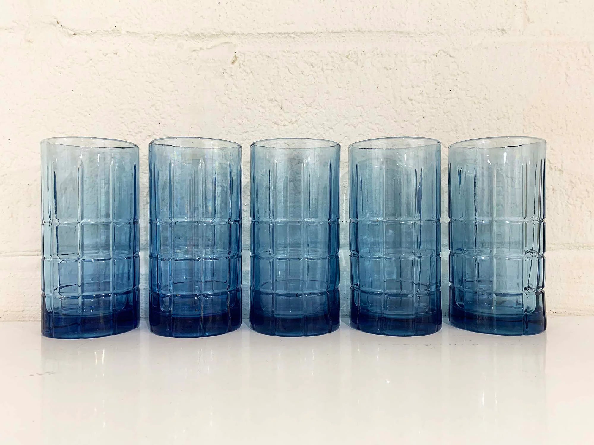 Vintage Glassware of Tall Tumbler Glasses. 1960s Anchor Hocking Blue a