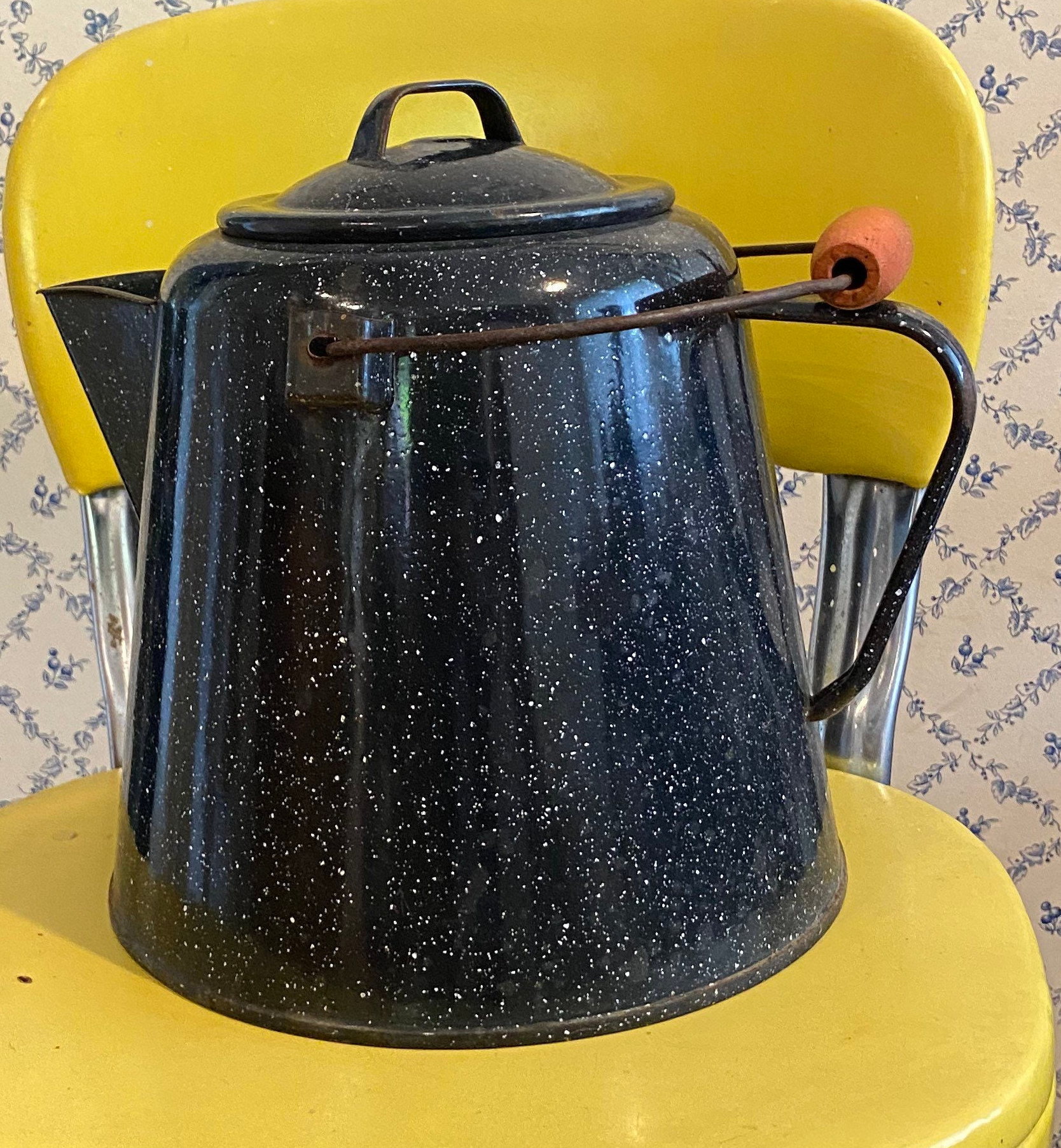 Vintage Blue Enamel Coffee Pot 6” Tall Collectible Enamelware Speckled