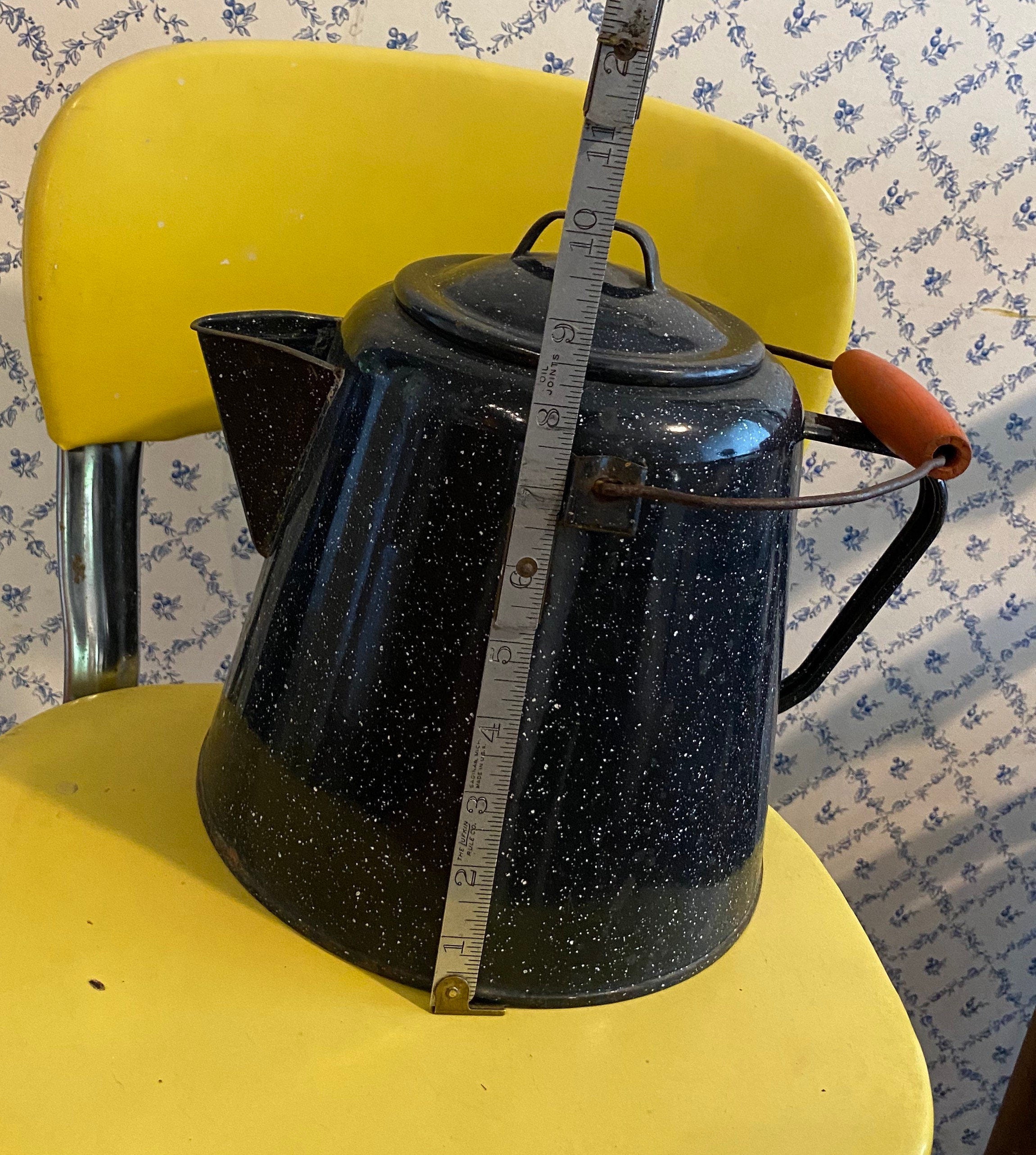 Vintage Blue Enamel Coffee Pot 6” Tall Collectible Enamelware Speckled