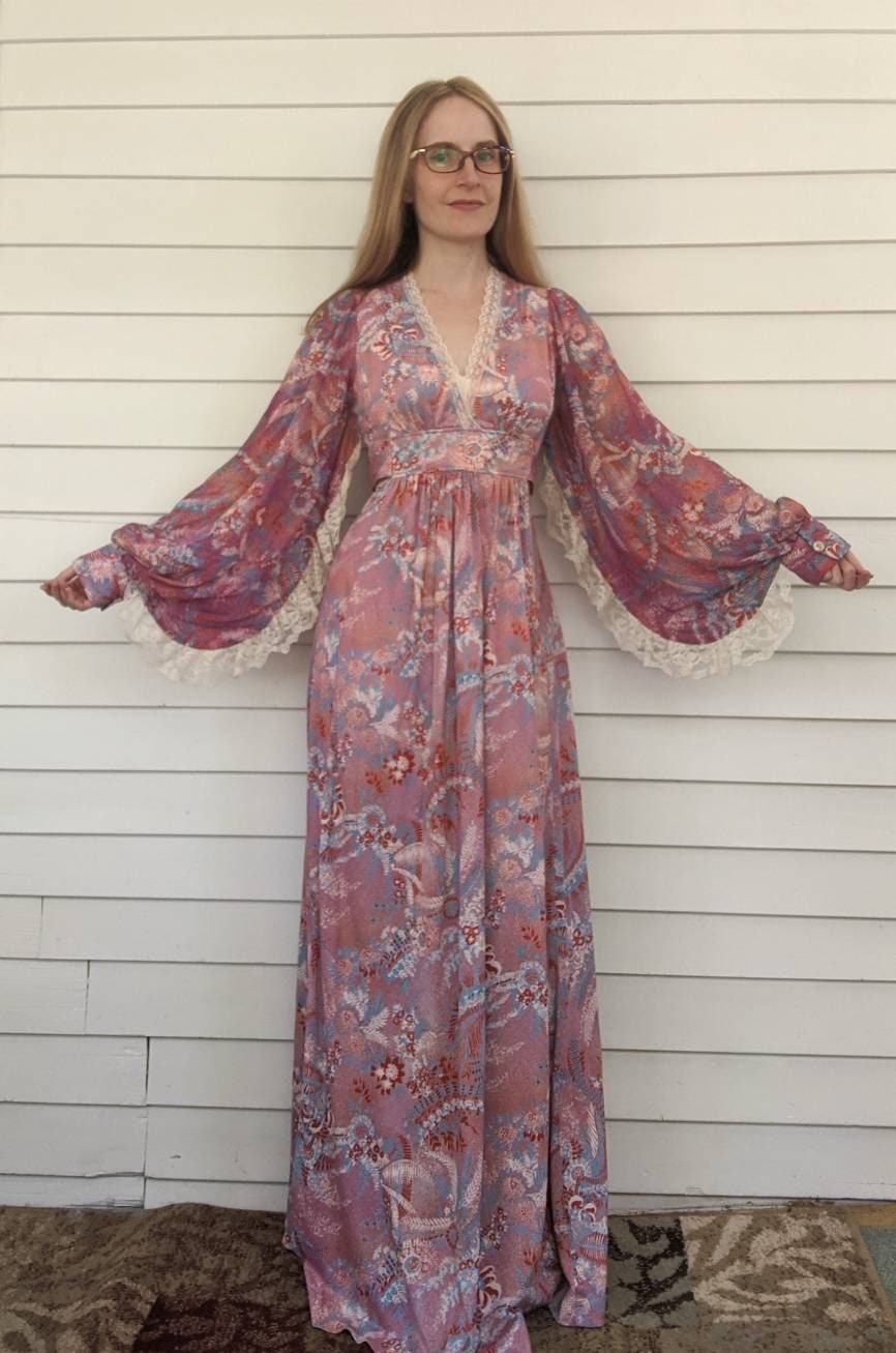 Dress Angel Sleeves Floral Print Vintage 70s | Shop THRILLING