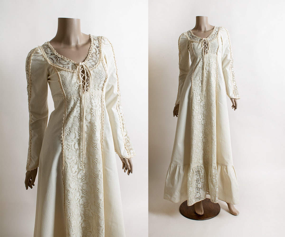Vintage Gunne Sax Prairie Dress Oatmeal Ivory Cotton Maxi Lace Up Cors ...