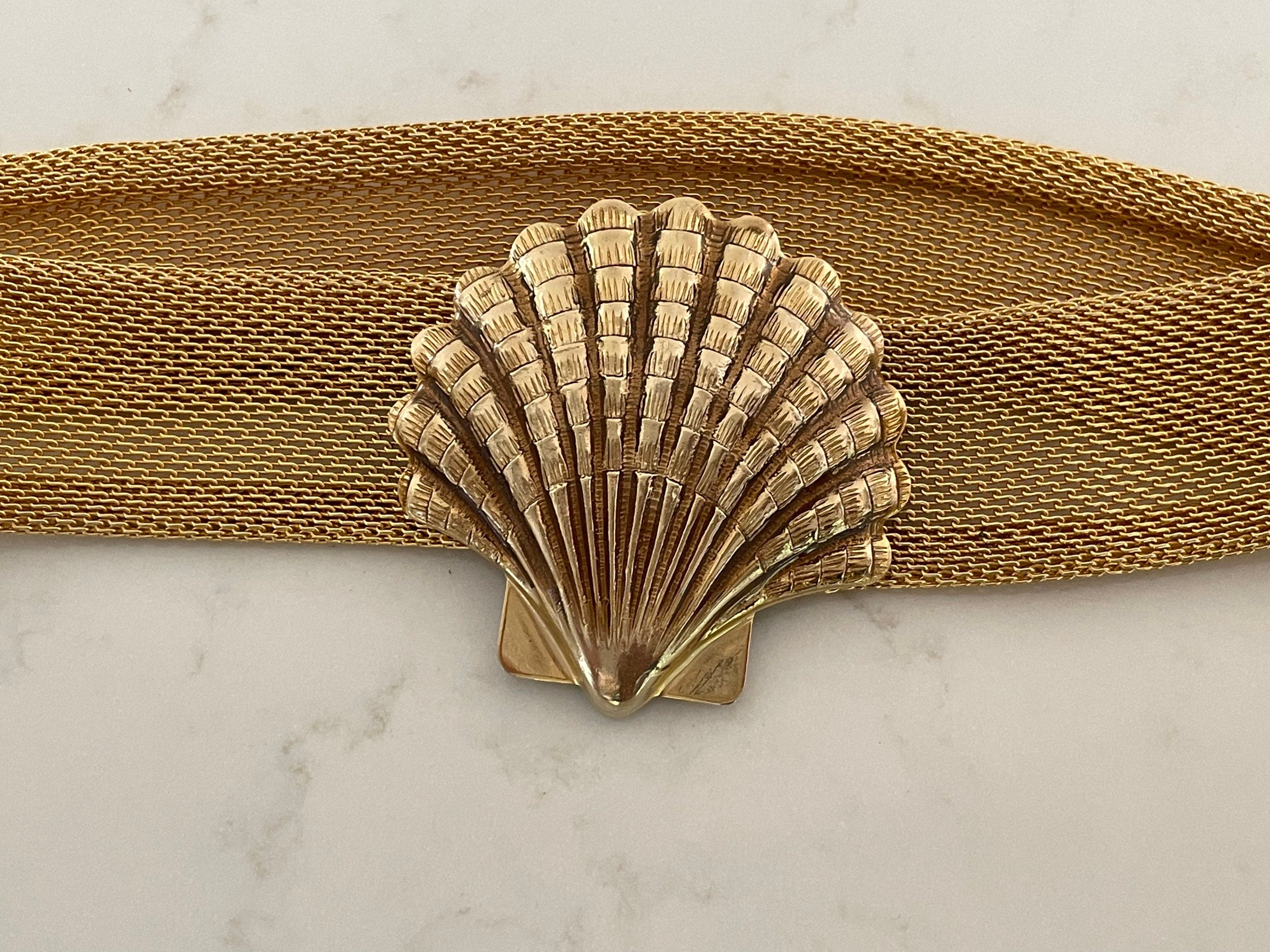 UNUSED 90s Gold Chain Belt With Real Seashell 24K Gold Trim 
