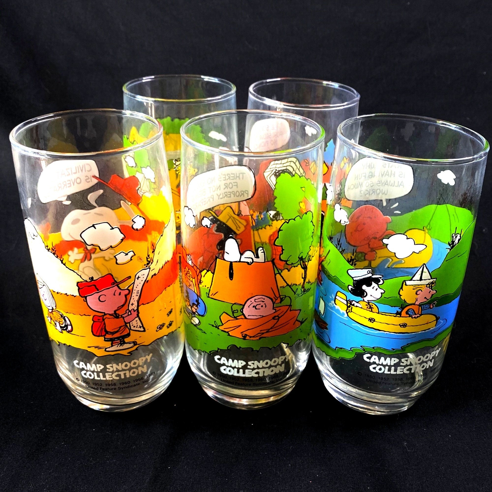 Vintage Set of 5 Peanuts Camp Snoopy Collection Drinking Glasses