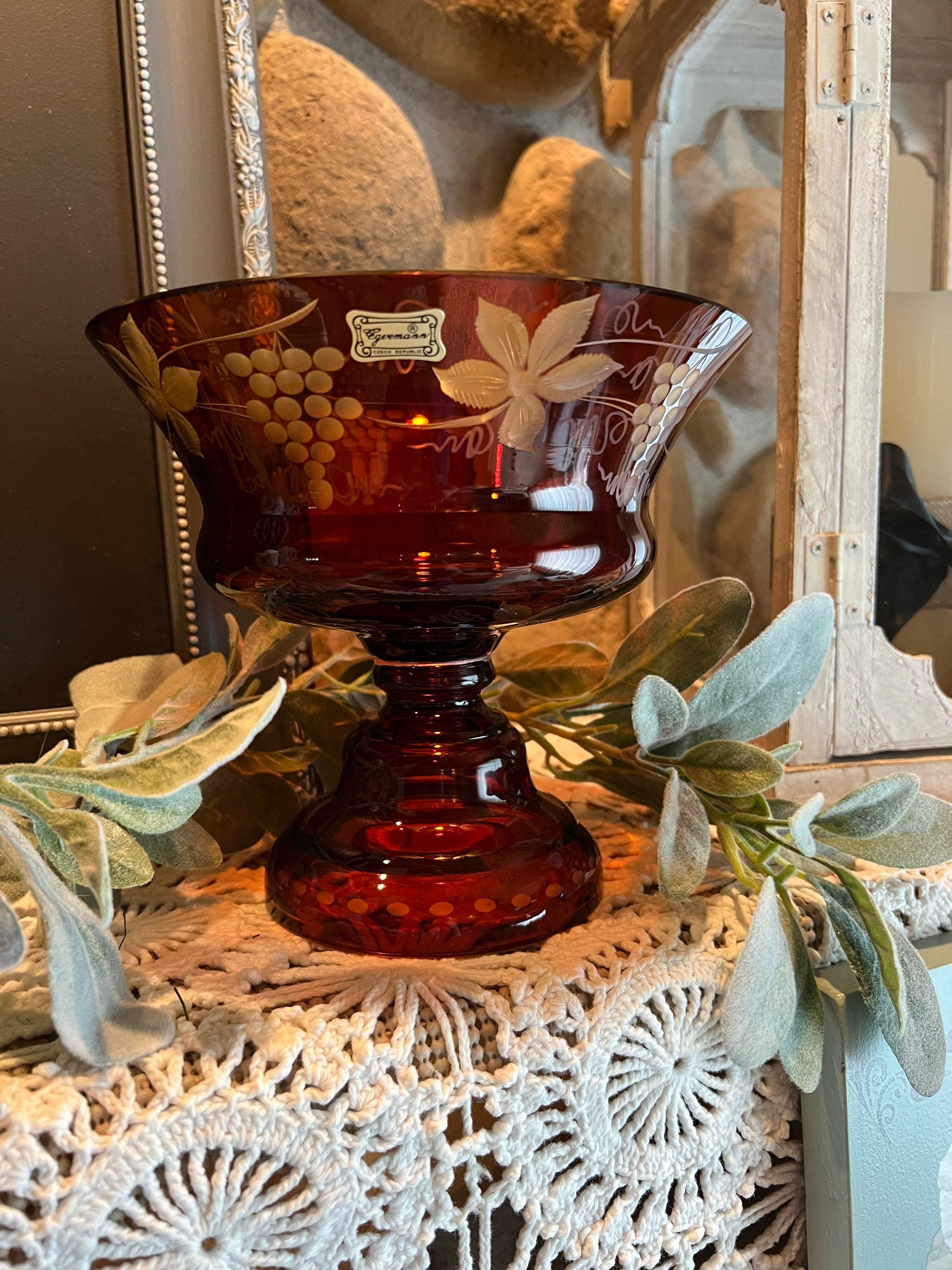 Egermann Czech Bohemian Flashcut Cranberry Red Glass Bowl