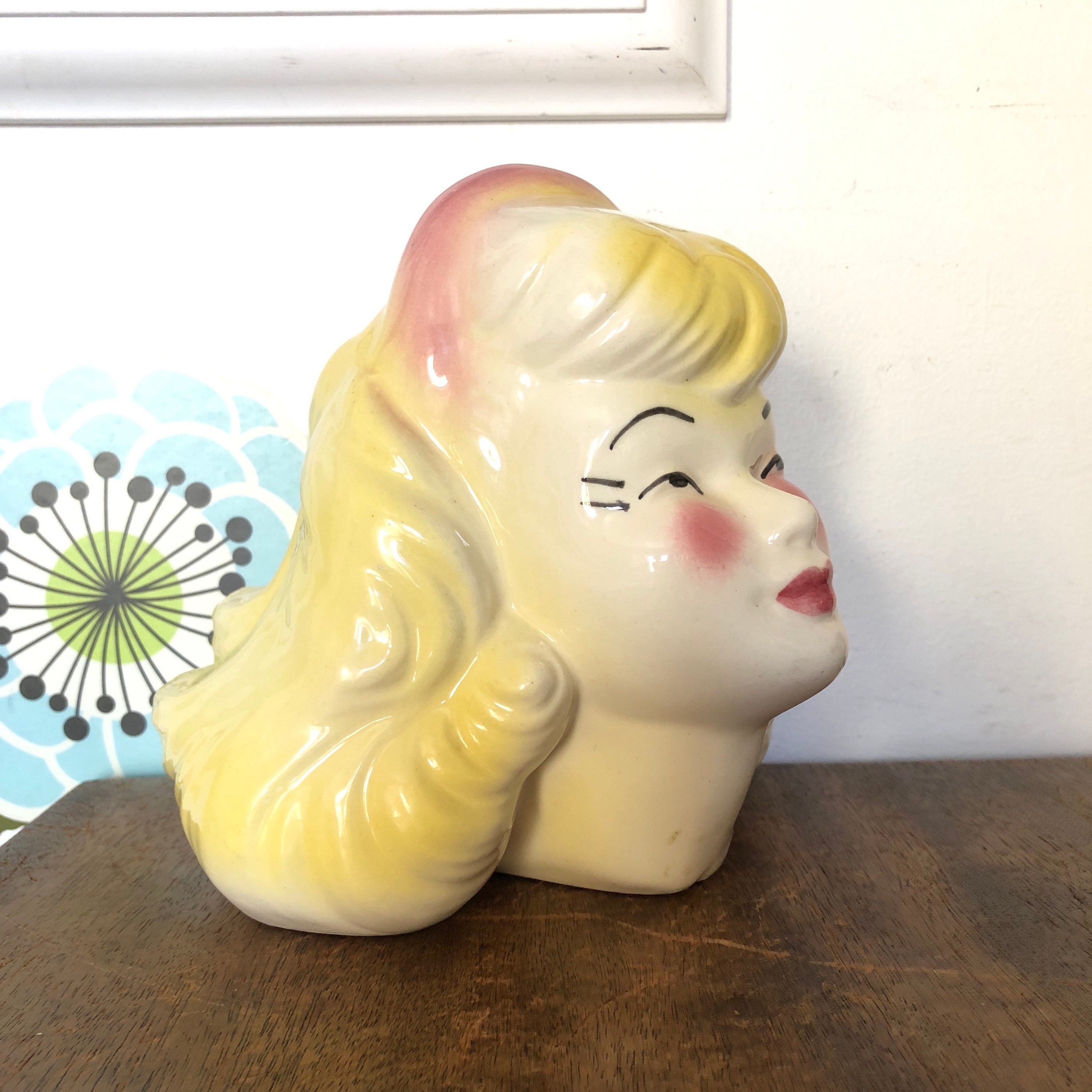 Vintage Lady Head Vase Mid Century Era Blond Glamour Girl Planter 7" T