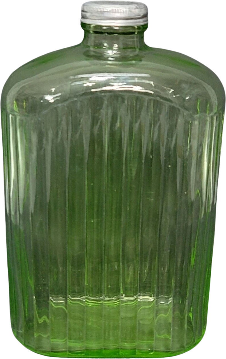 Vintage Green Depression Glass Ribbed Refrigerator Water Bottle w/Meta