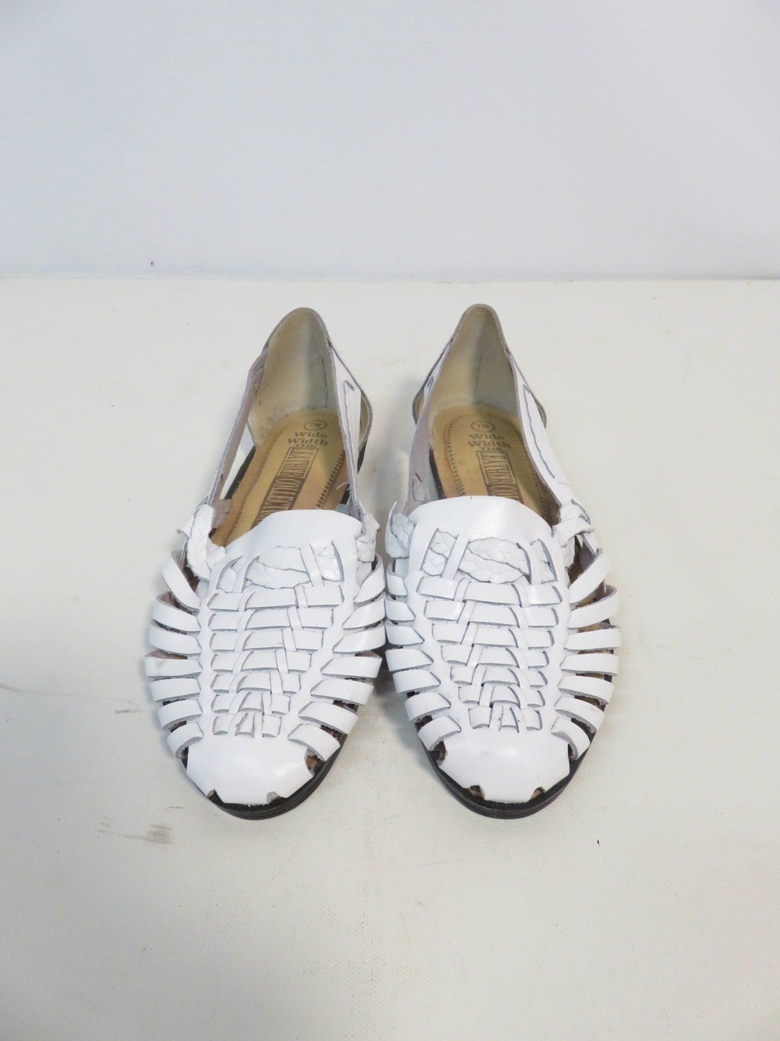 Vintage 90s White Leather Huaraches Sandals Flats Slip Ons by The