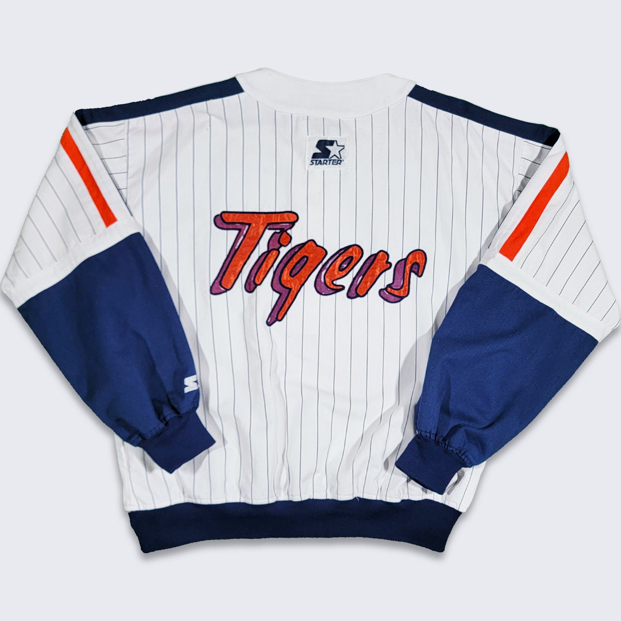 Detroit Tigers Vintage 80s Starter Baseball Sweatshirt White Blue Mlb