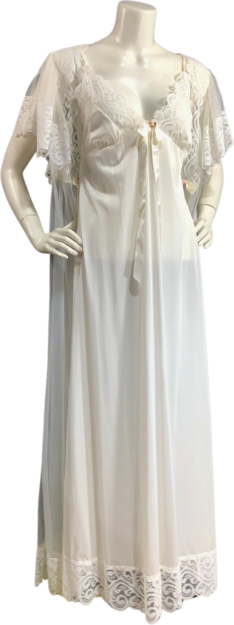 Vintage 70s Nightgown Robe Peignoir Set White Nylon Sheer By Tosca