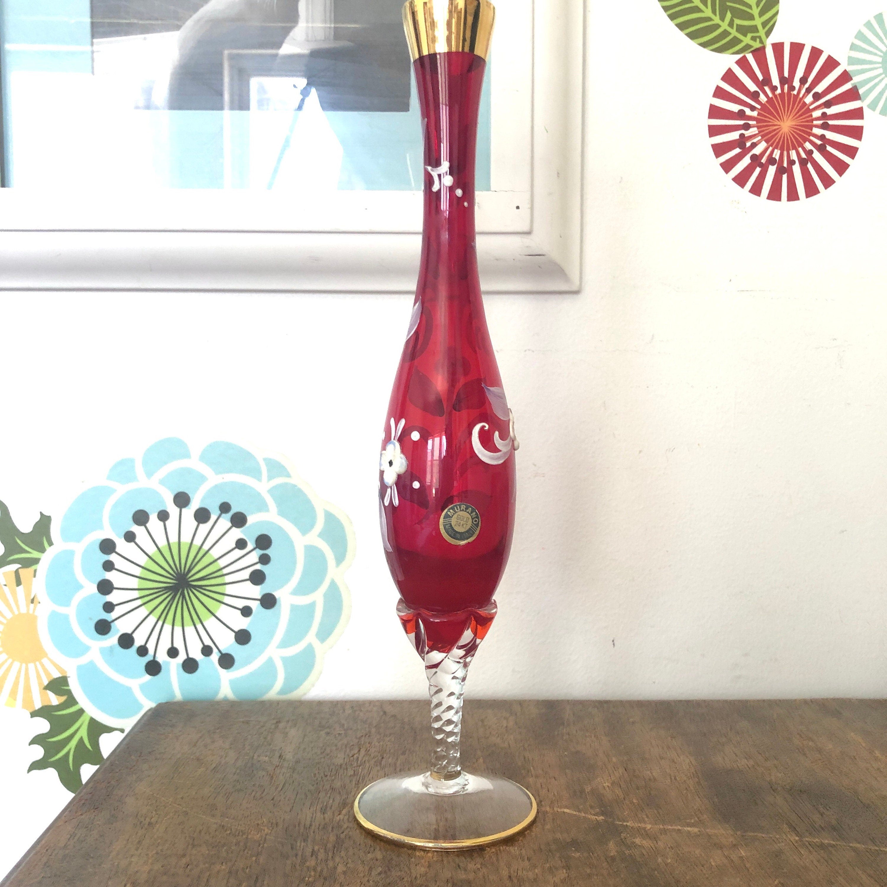 Vintage Murano Glass Bud Vase Red Glass with 24k Gold Rim and Painted