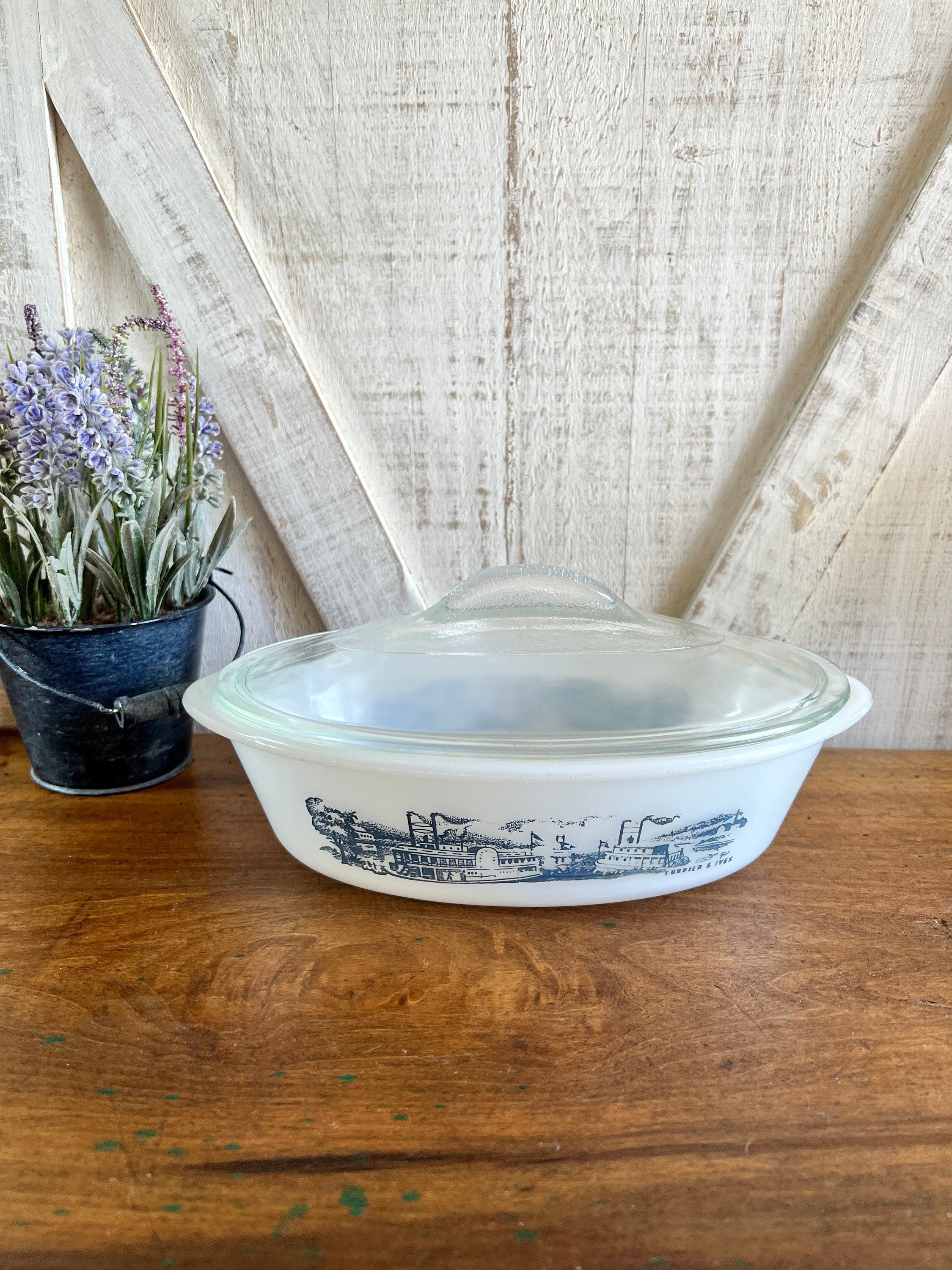 Vintage Glasbake 1 Qt. Milk Glass Casserole Dish with Glass Clear Lid