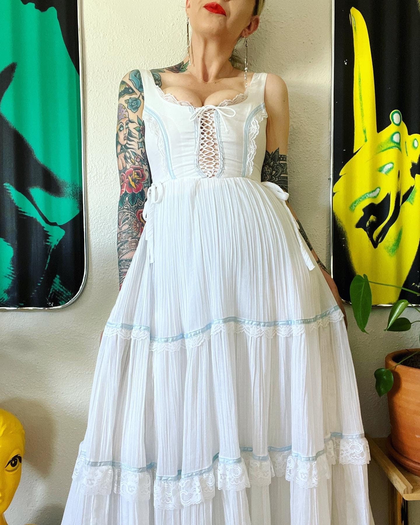 Vintage 70s Snow White Corset Lace Bust Unlabeled Gunne Sax Maxi Dress ...