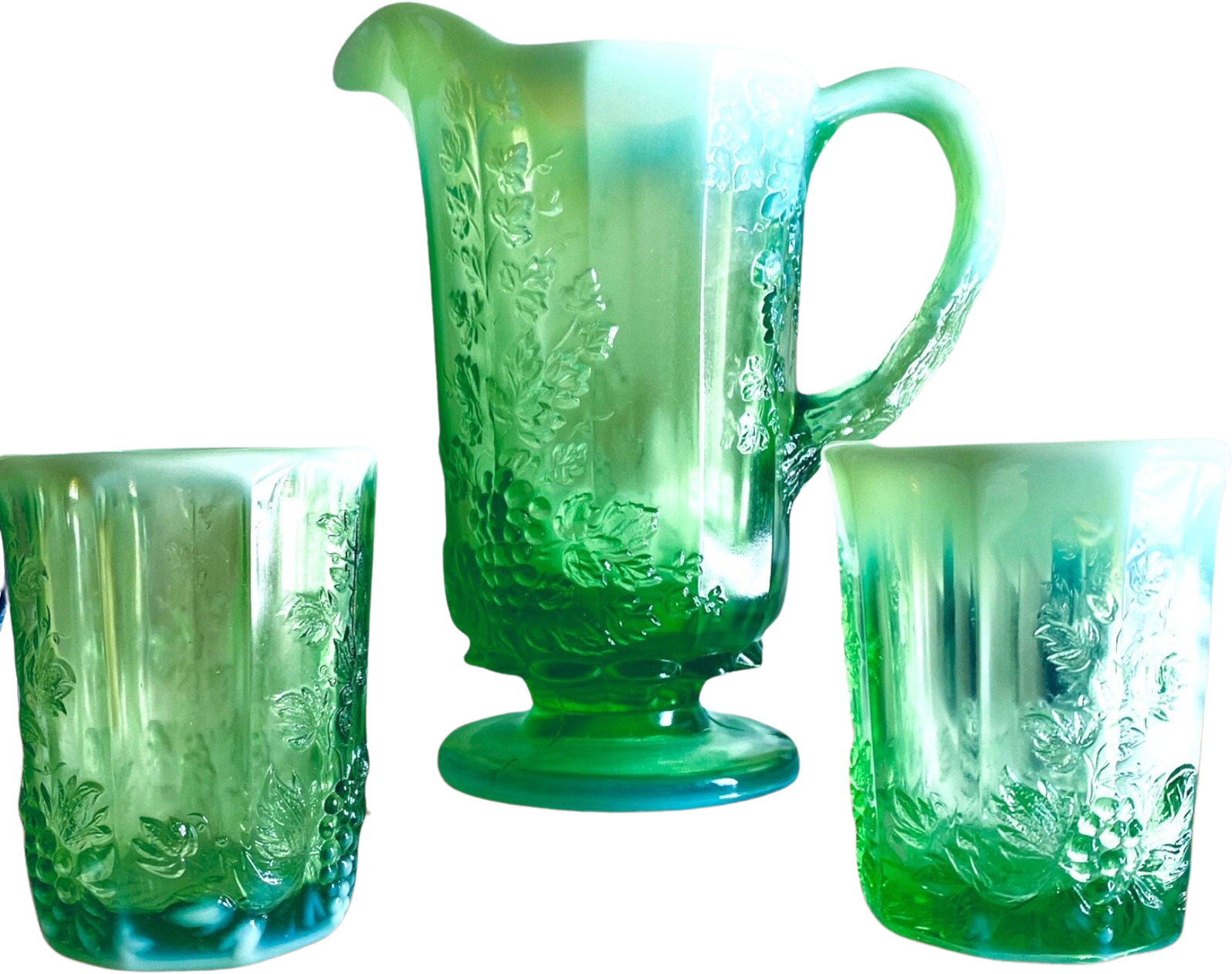 Vintage Mid Century Mosser Glass Opalescent Green Water Pitcher Set