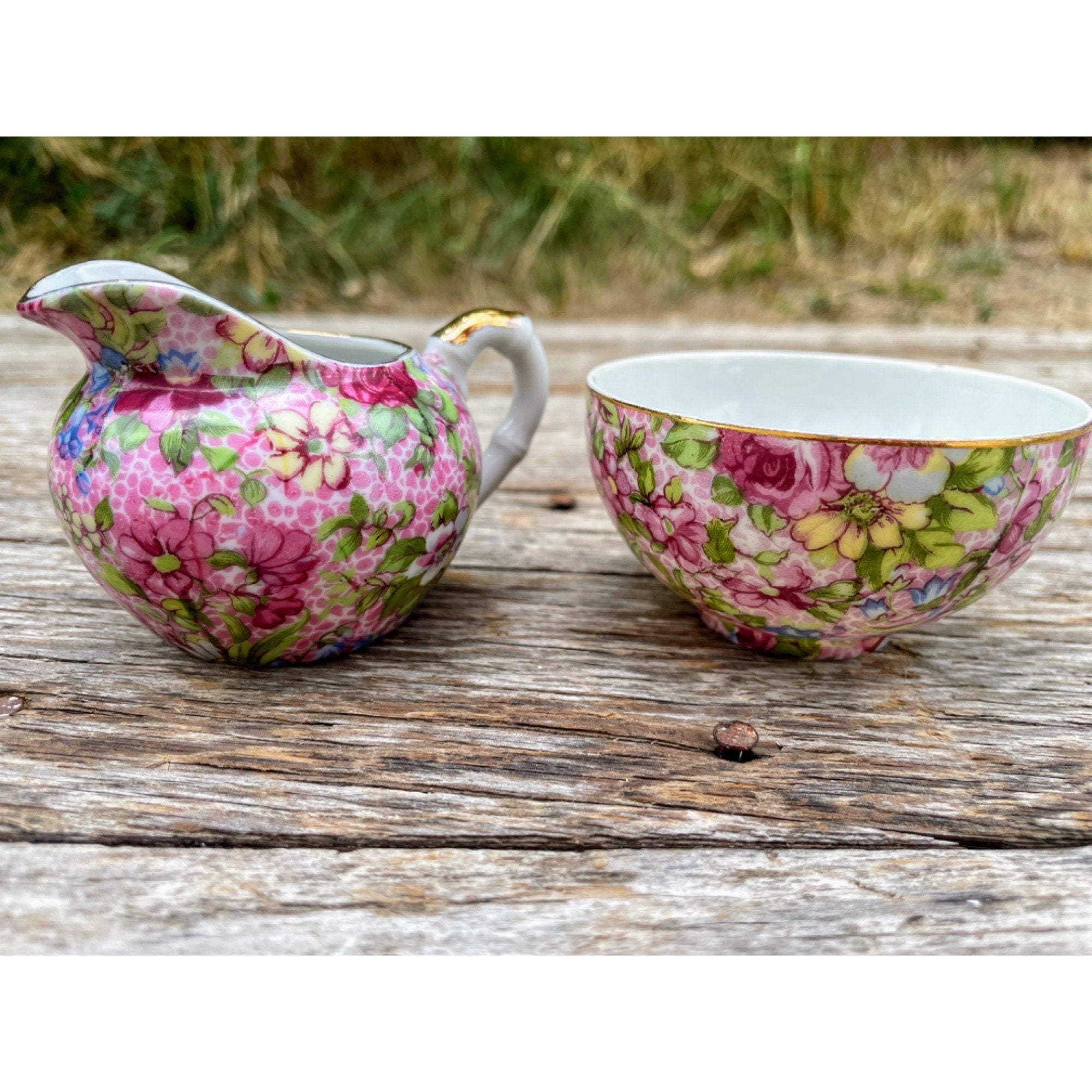 Vintage Porcelain Chintz Floral Small Creamer and Sugar Set Cottage Ch