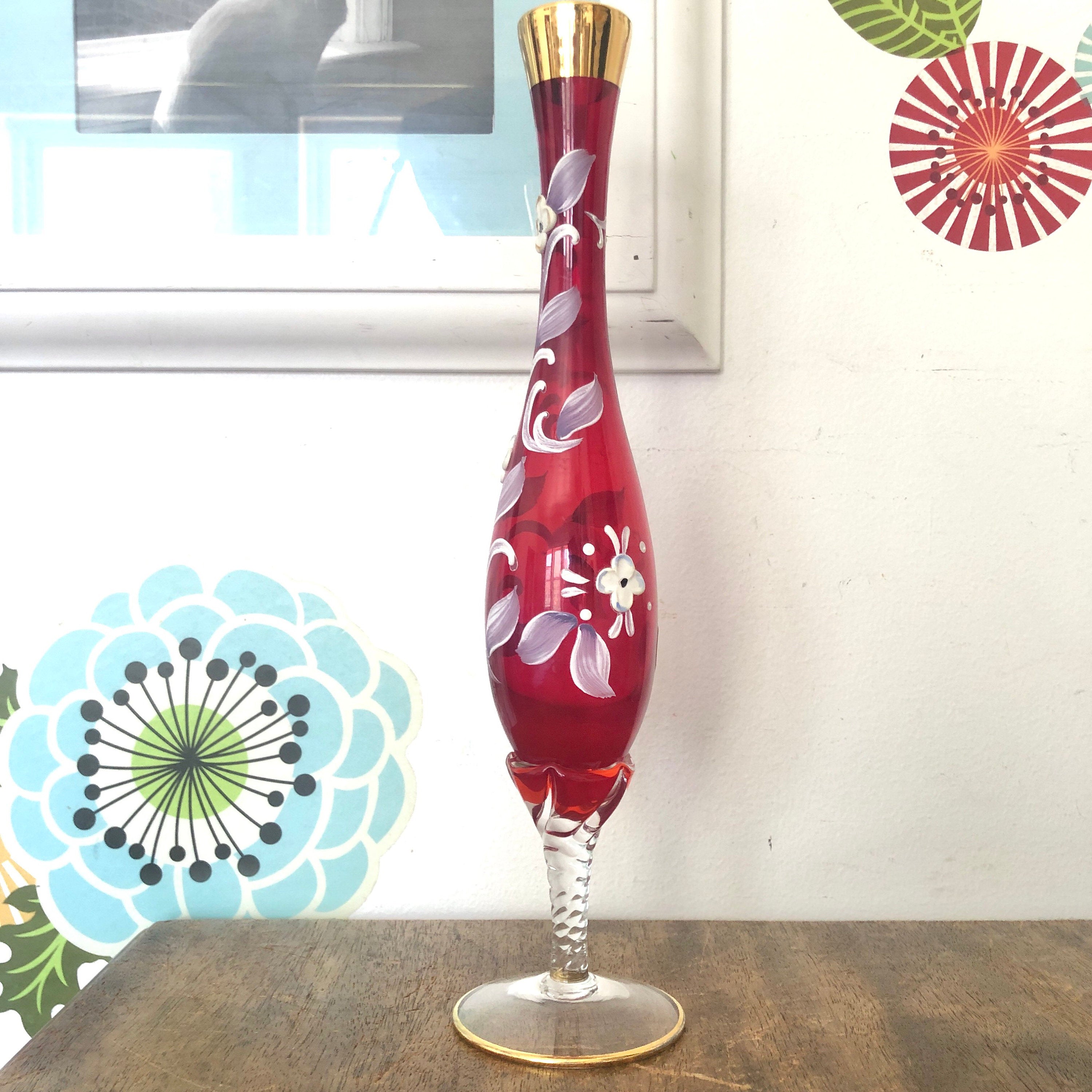 Vintage Murano Glass Bud Vase Red Glass with 24k Gold Rim and Painted