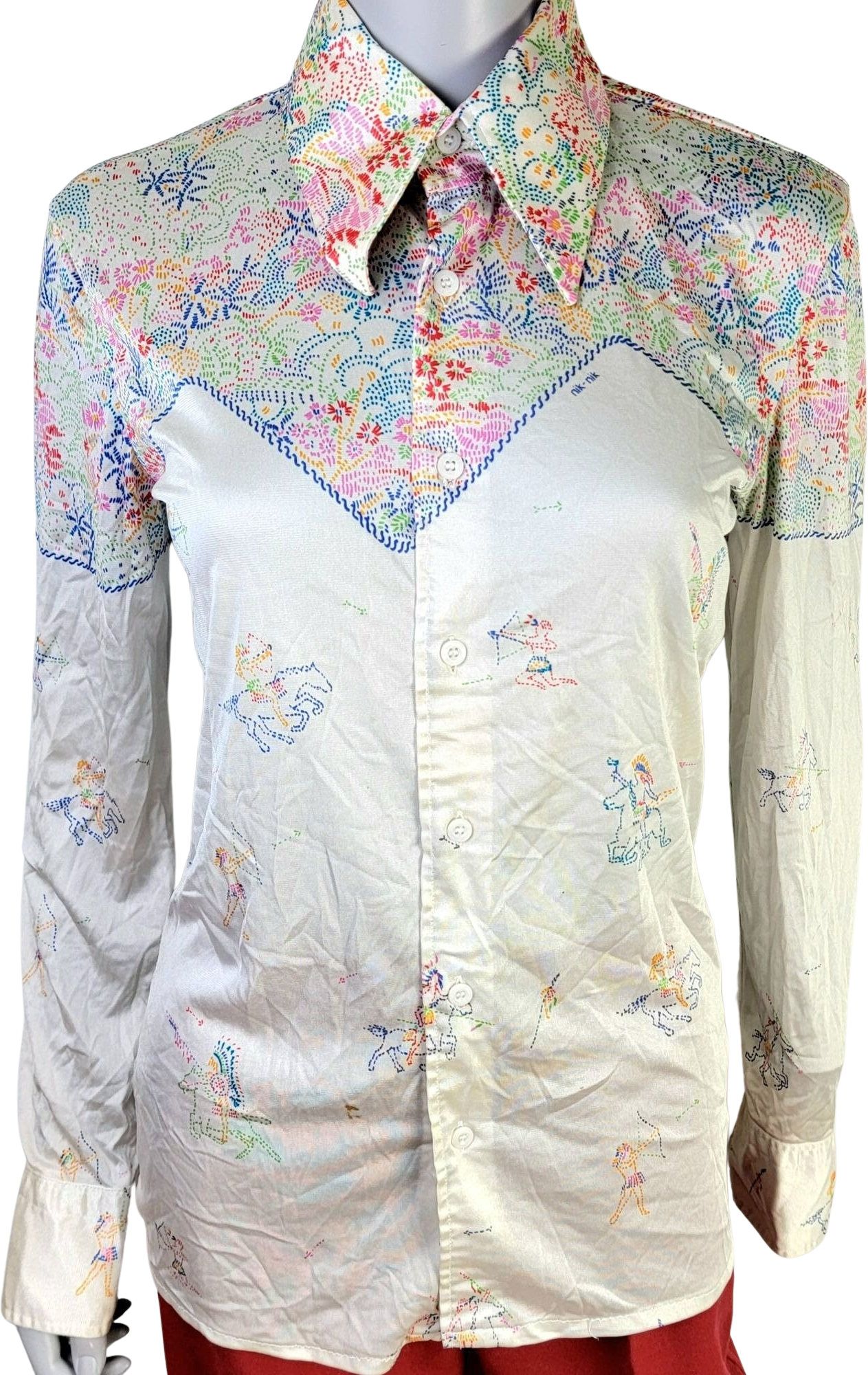 Vintage 70s Colorful Rainbow Novelty Art Disco Shirt Button Nylon