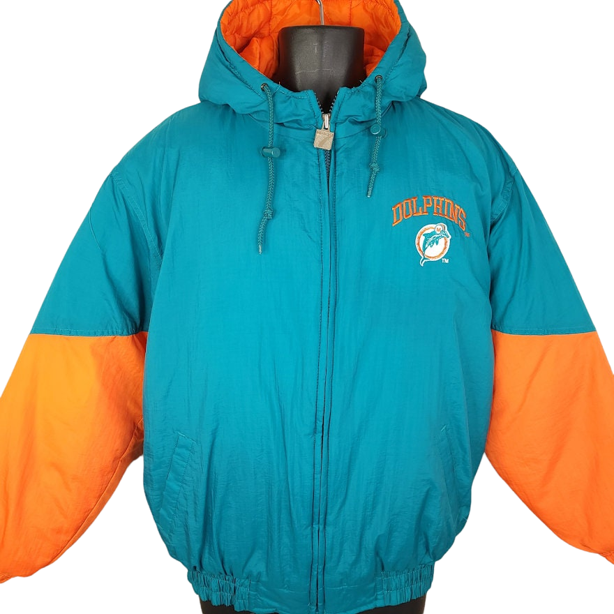 Vintage Miami Dolphins Jacket Mens XL Green Orange Hooded Insulated Logo 7  NFL